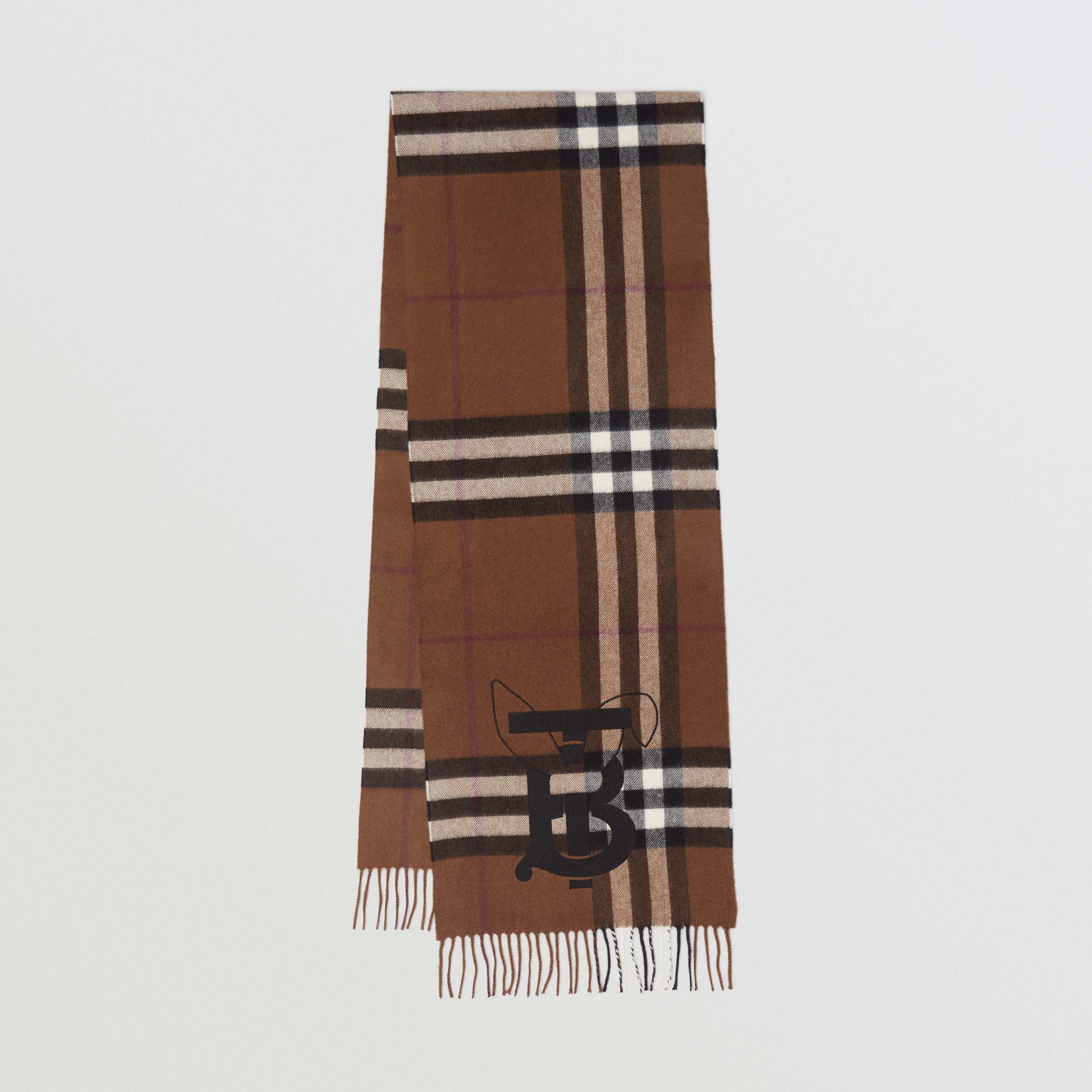 Embroidered Rabbit Check Cashmere Scarf in Dark Birch Brown | Burberry® Official - 1