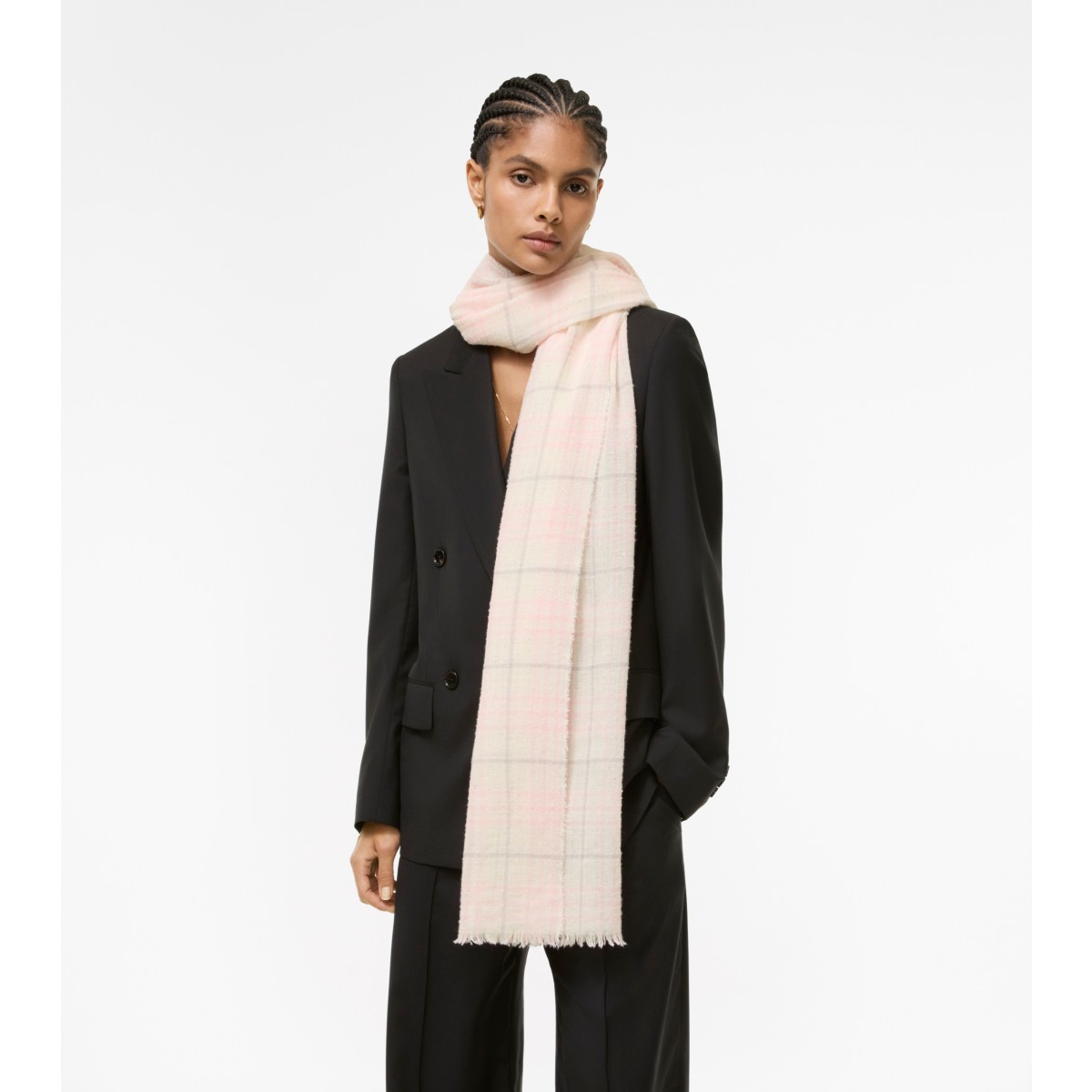 Check Wide Embellished Wool Silk Blend Scarf