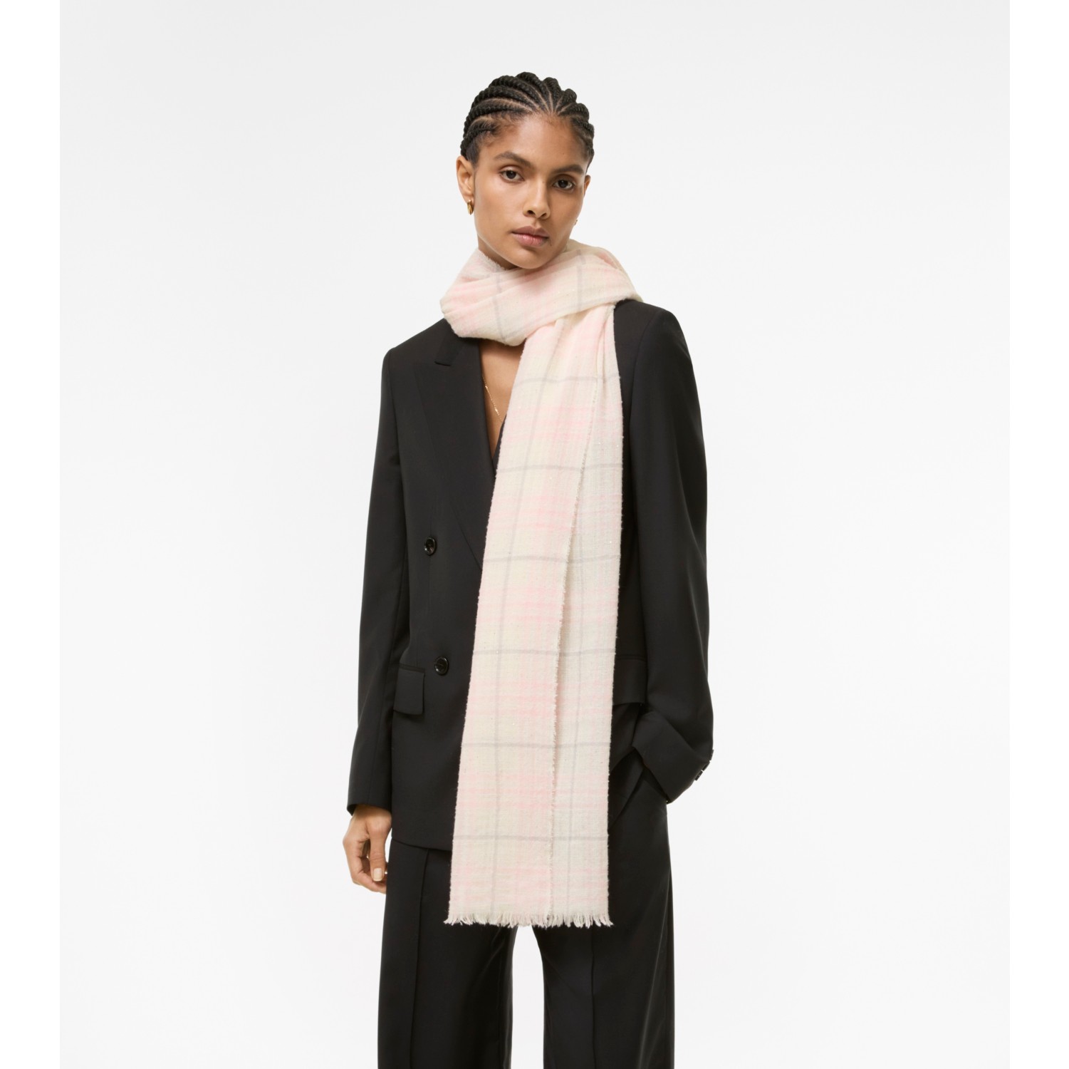 Wide Embellished Check Wool Silk Blend Scarf