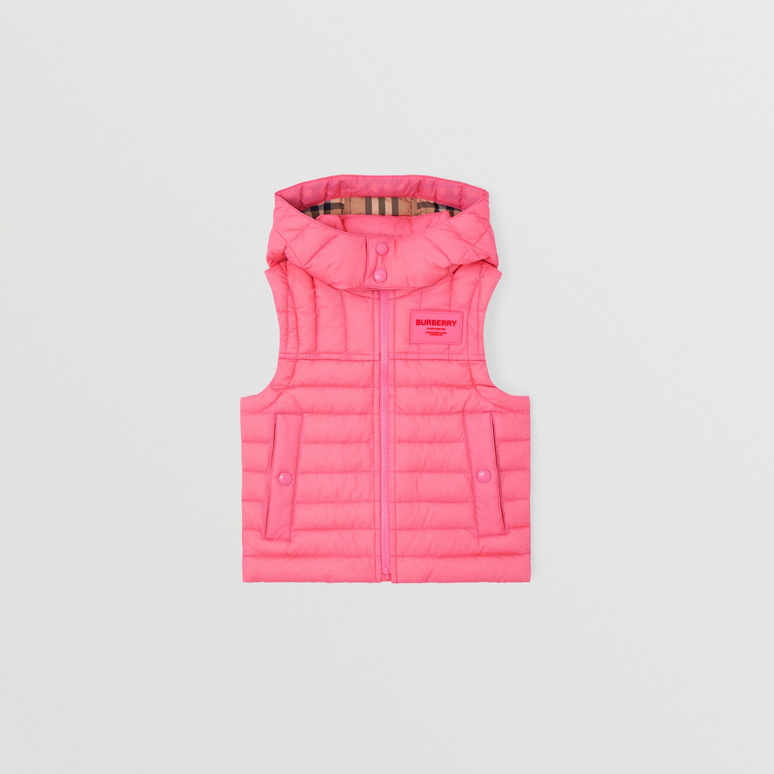 Horseferry Appliqué Nylon Hooded Puffer Gilet in Bubblegum Pink - Children | Burberry® Official - 1