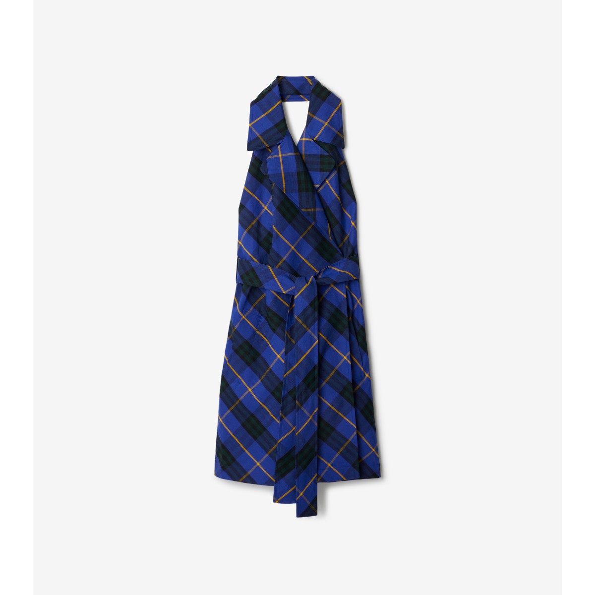 Burberry Check Linen Dress In Bright Navy