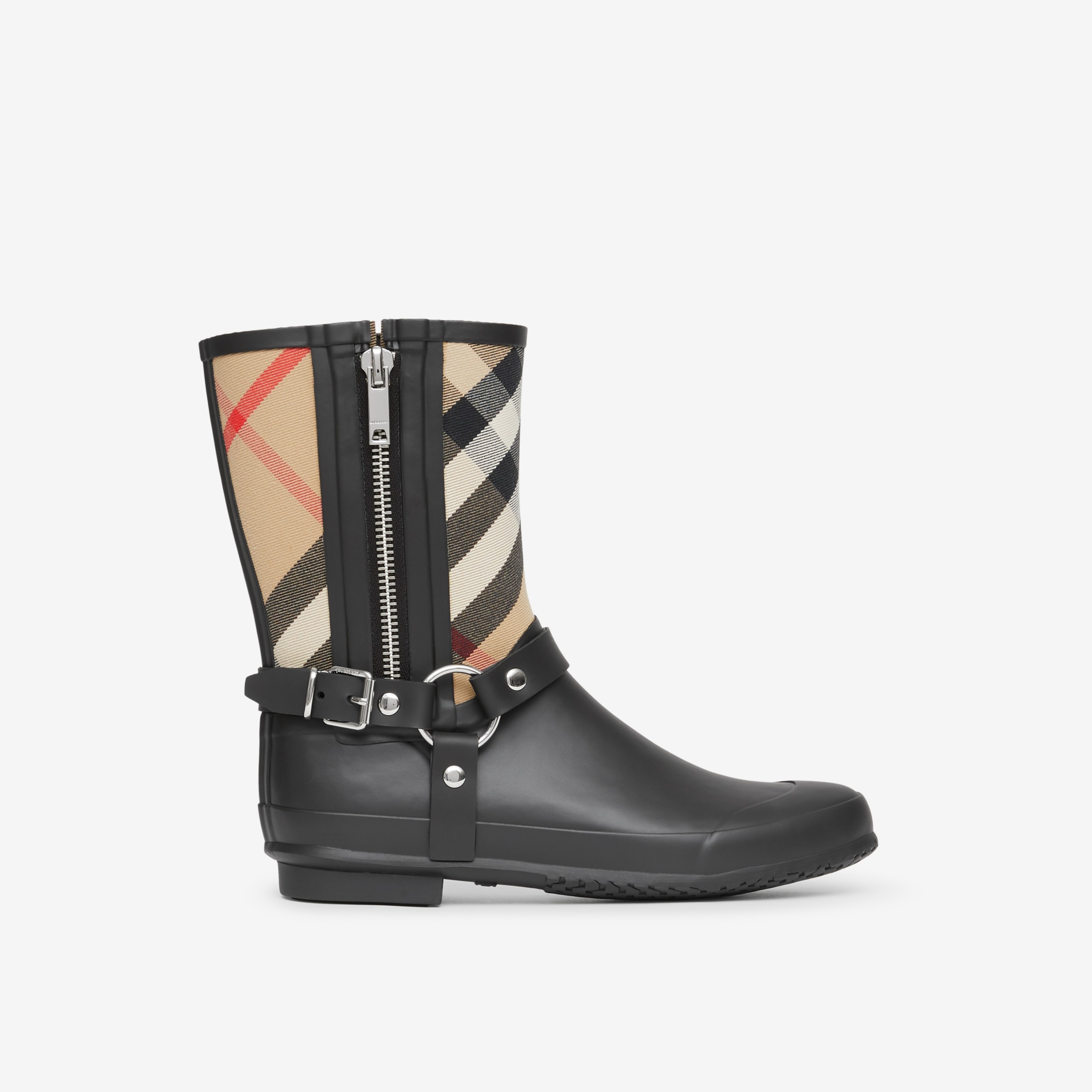 global Glat Nathaniel Ward Strap Detail House Check Rubber Rain Boots in Black/archive Beige - Women |  Burberry® Official