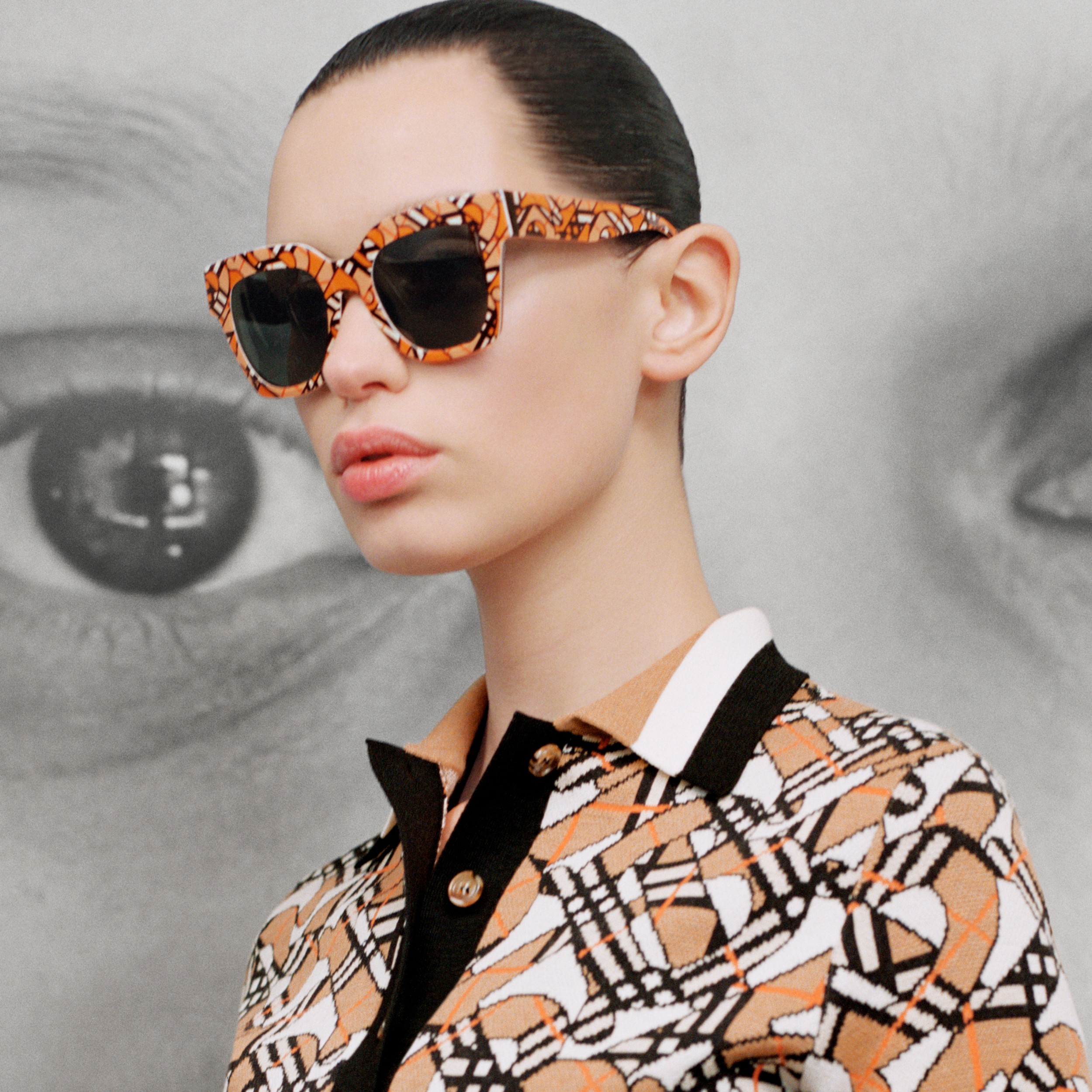 Monogram Print Square Frame Sunglasses in Orange/black - Women | Burberry® Official - 2