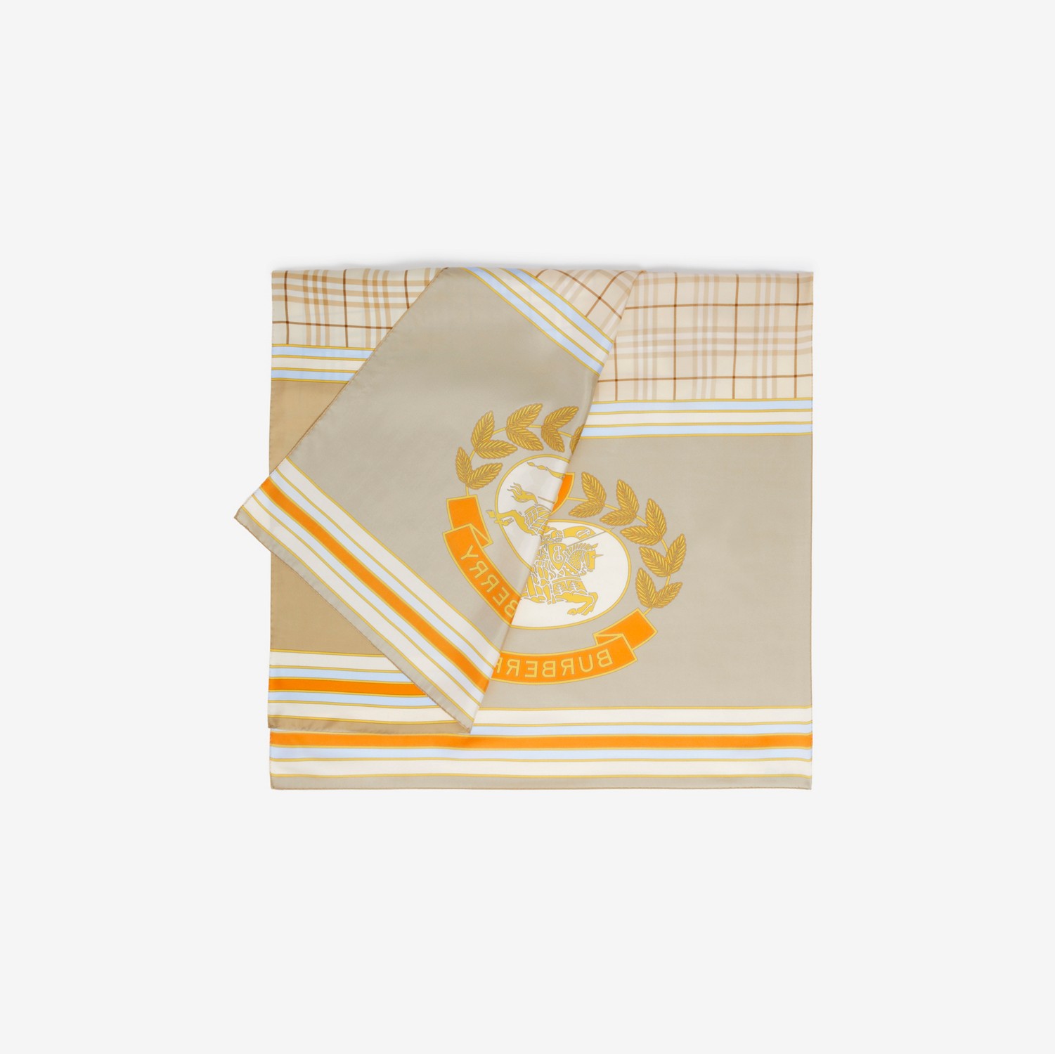 格纹拼马术骑士印花丝巾 (柔黄褐色 / 亮橘色) | Burberry® 博柏利官网