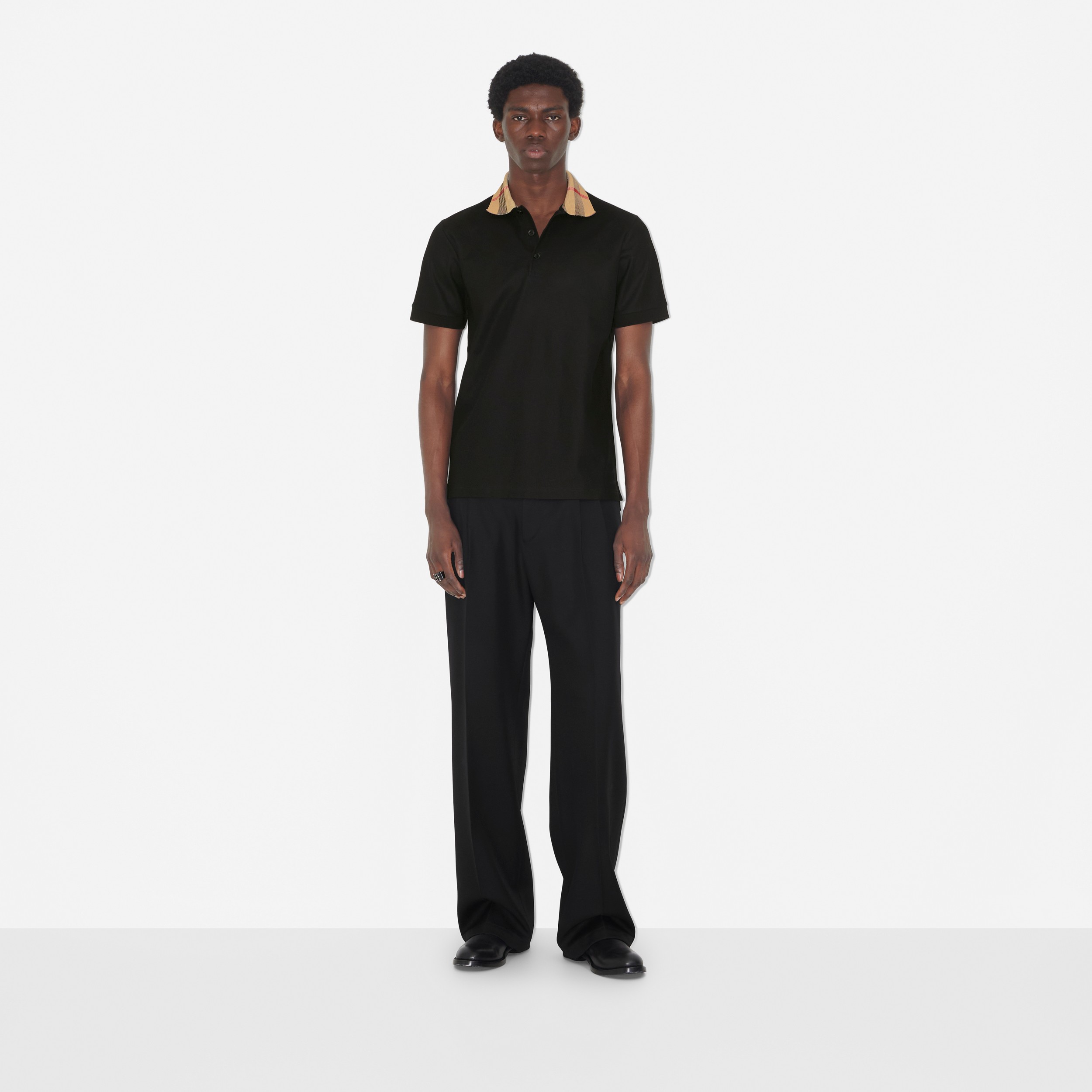 Check Collar Cotton Polo Shirt in Black - Men | Burberry® Official - 2