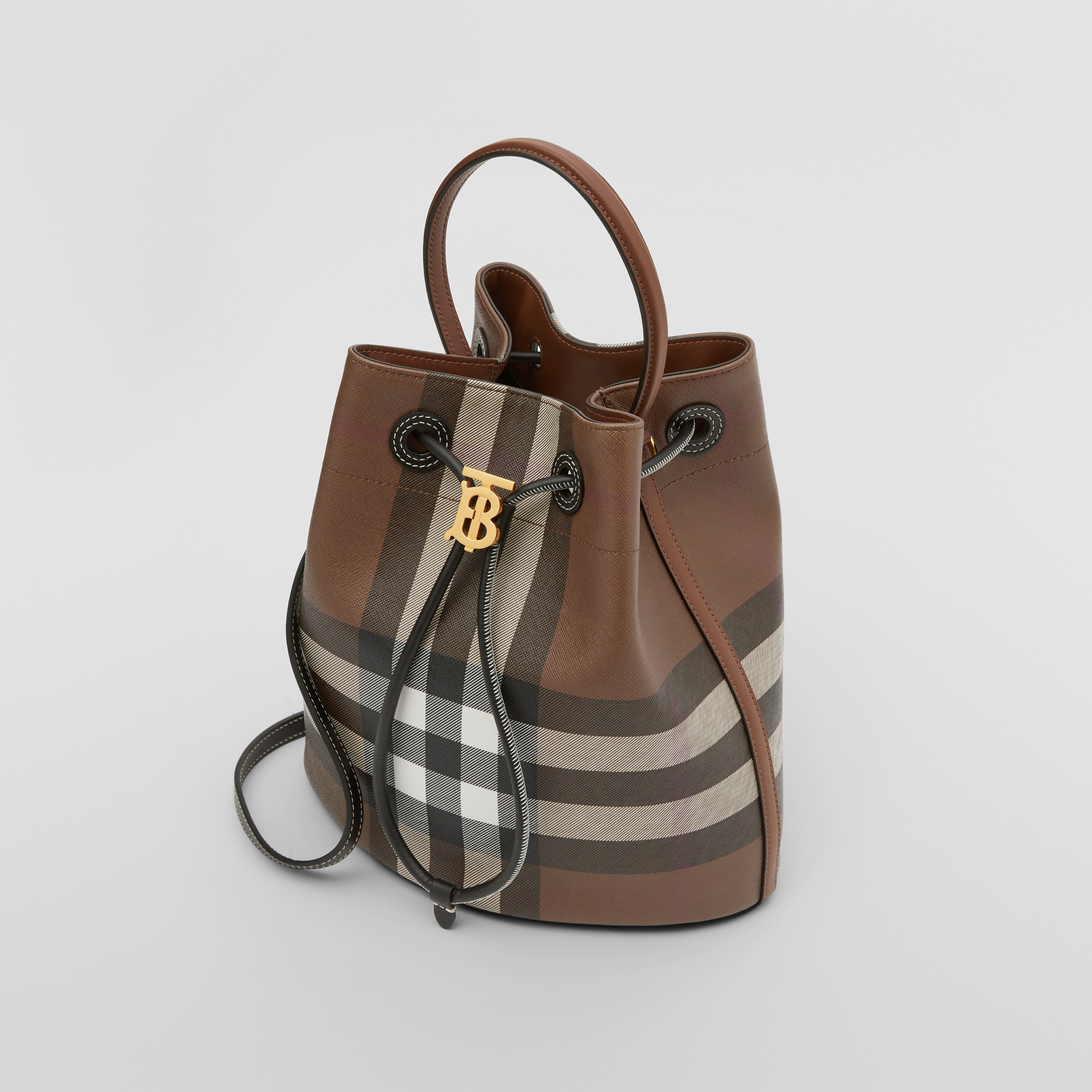 Check and Leather Small TB Bucket Bag in Dark Birch Brown - Women | Burberry® Official - 4