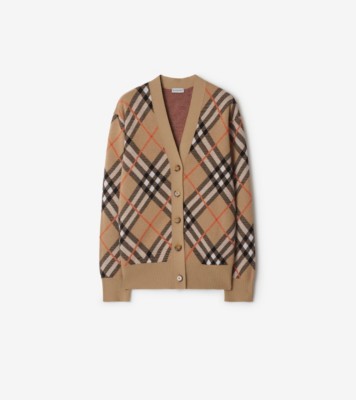 BURBERRY ファー付きニットカーディガン チェック ウールモヘアブレンド カーディガン (サンドベージュ