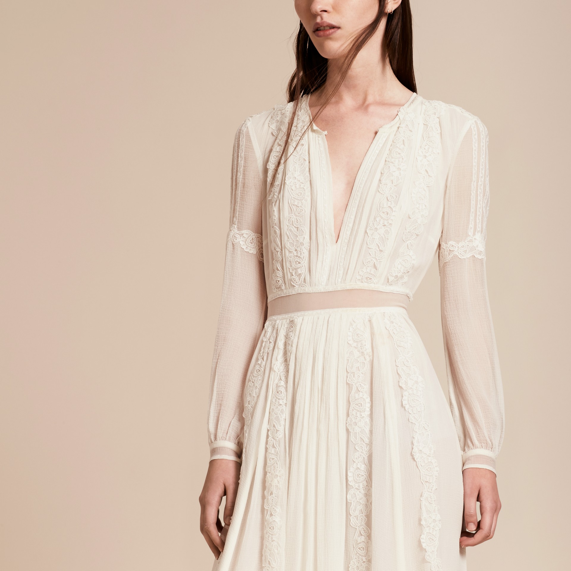 Lace Detail Silk Crepon Floorlength Dress in White Women Burberry