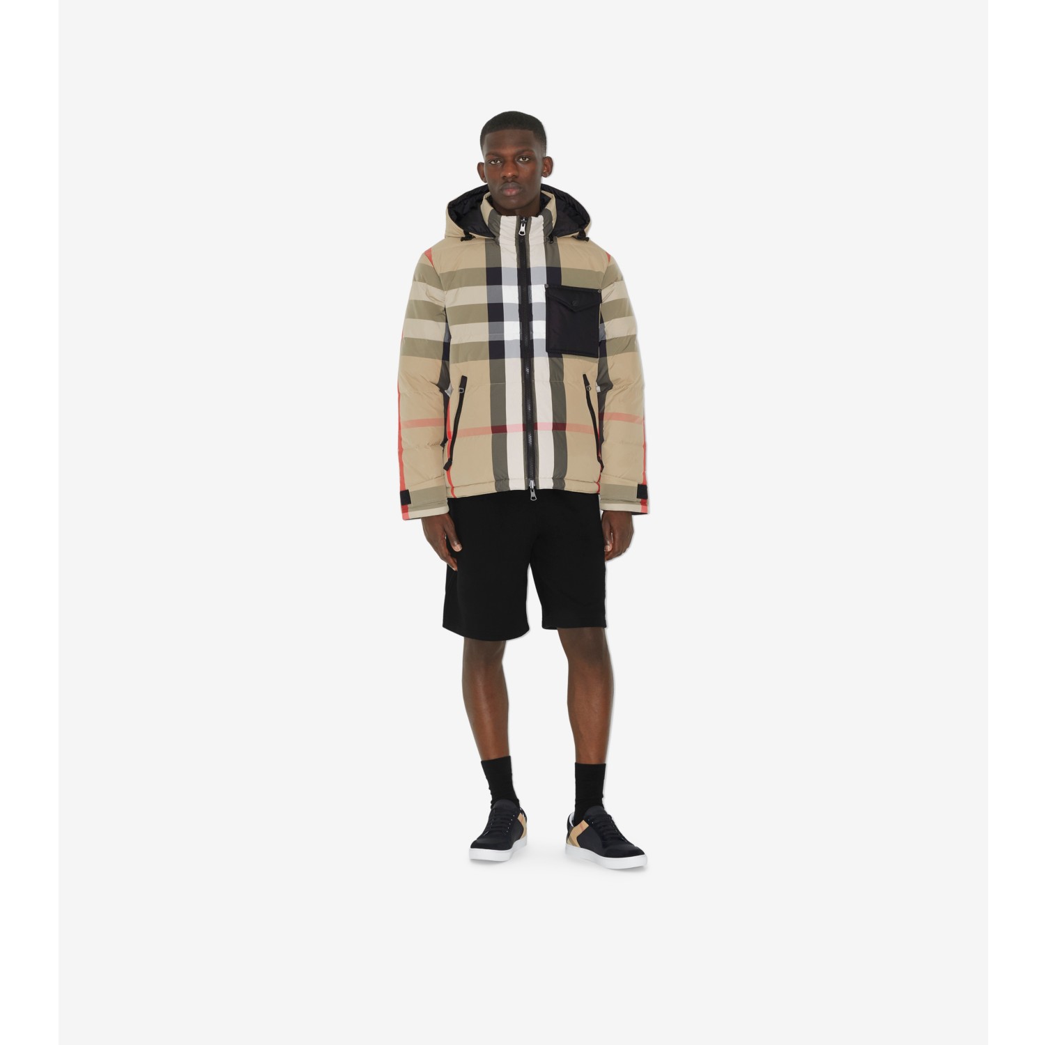 Reversible Exaggerated Check Nylon Puffer Jacket in Archive Beige