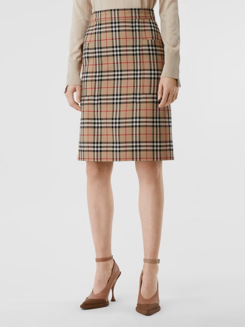 Burberry Pocket Detail Vintage Check Wool Pencil Skirt In Archive Beige