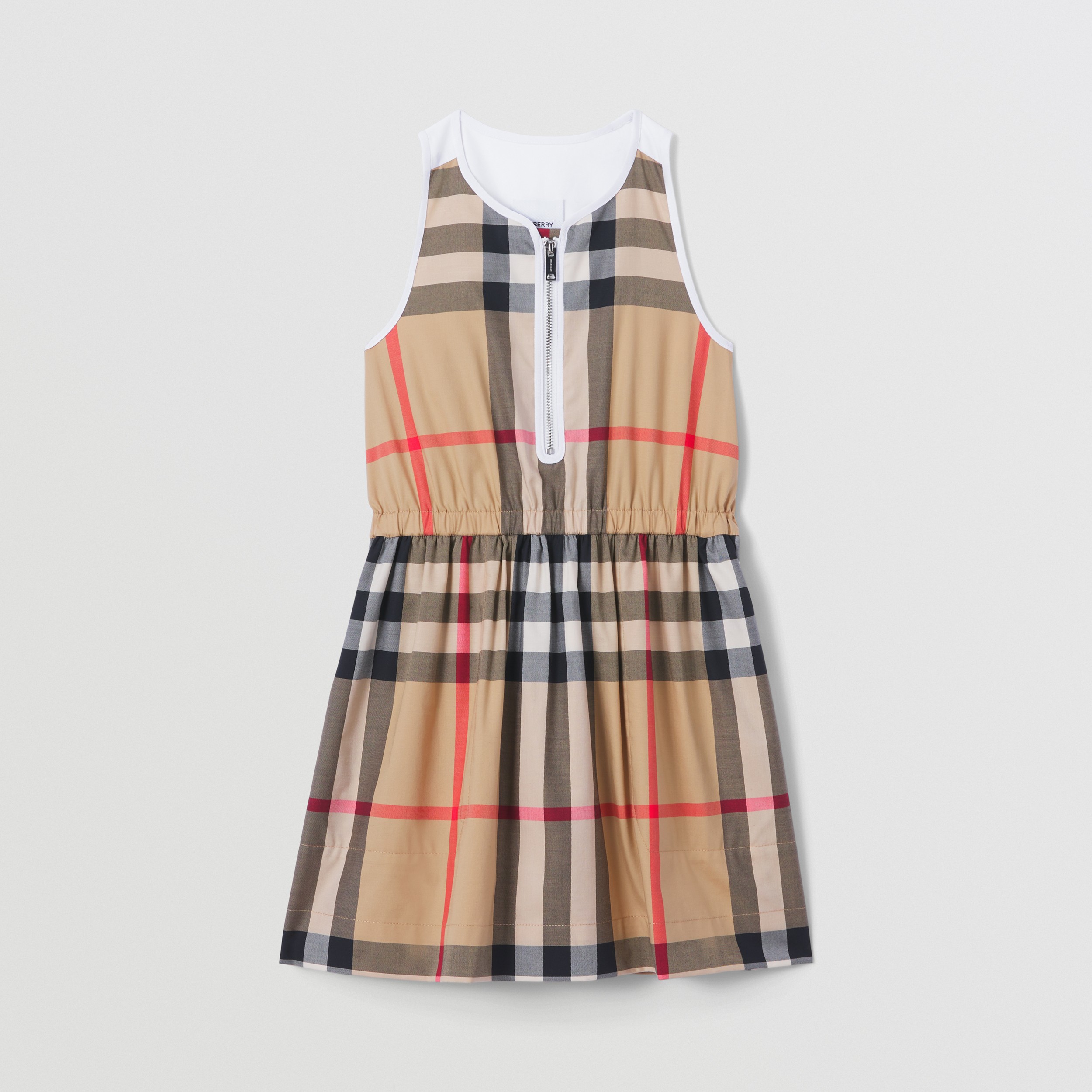 Sleeveless Exaggerated Check Stretch Cotton Zip-front Dress in Archive Beige | Burberry® Official - 1