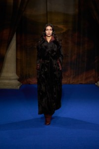 Nora Attal wearing a Patchwork shearling trench coat