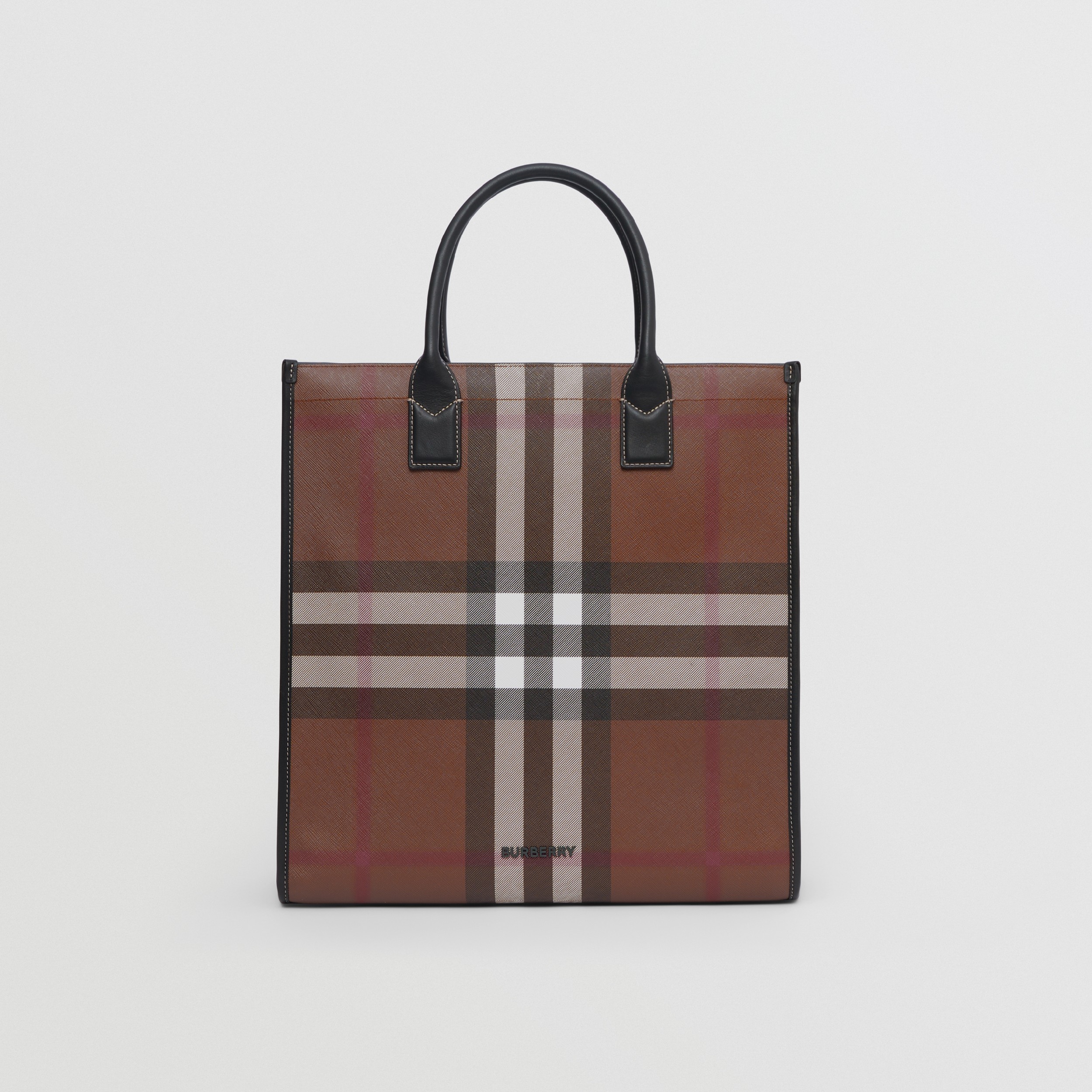 Check and Leather Tote in Dark Birch Brown | Burberry® Official - 1