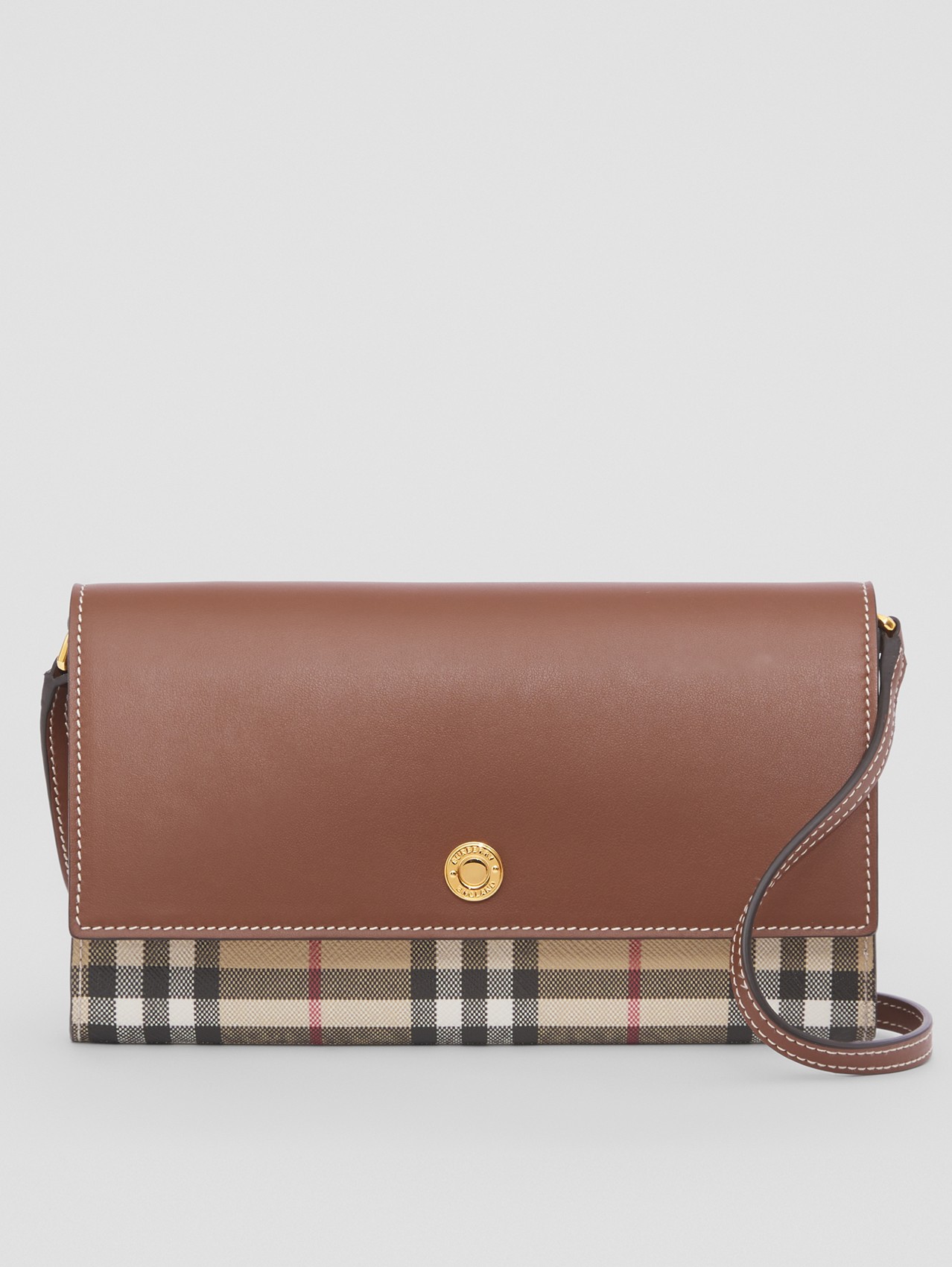 Check and Leather Wallet with Detachable Strap in Archive Beige/tan