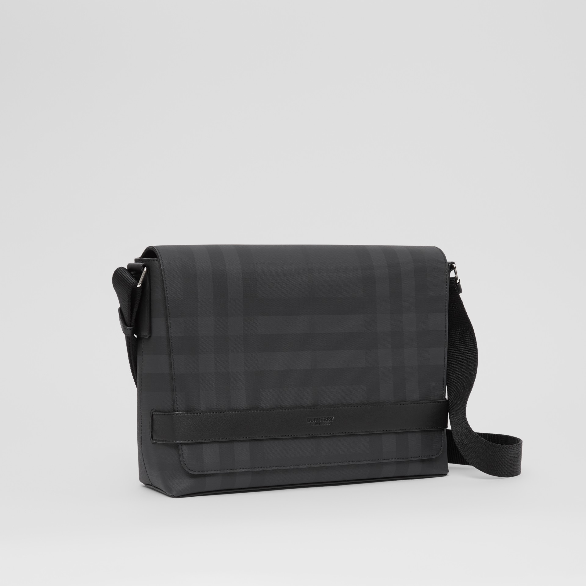 London Check and Leather Messenger Bag in Dark Charcoal Men