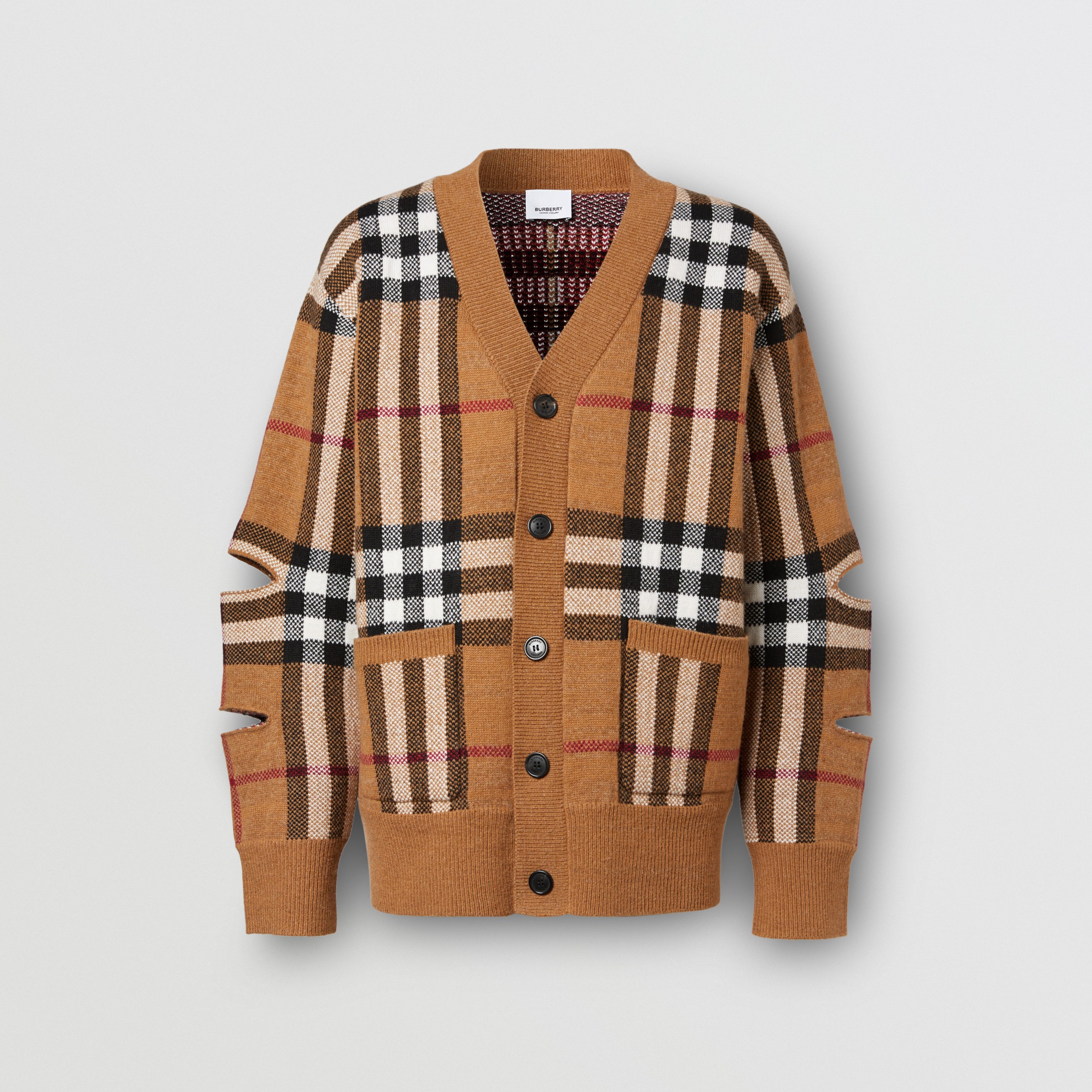 Cut-out Sleeve Check Wool Cashmere Cardigan in Birch Brown - Men ...