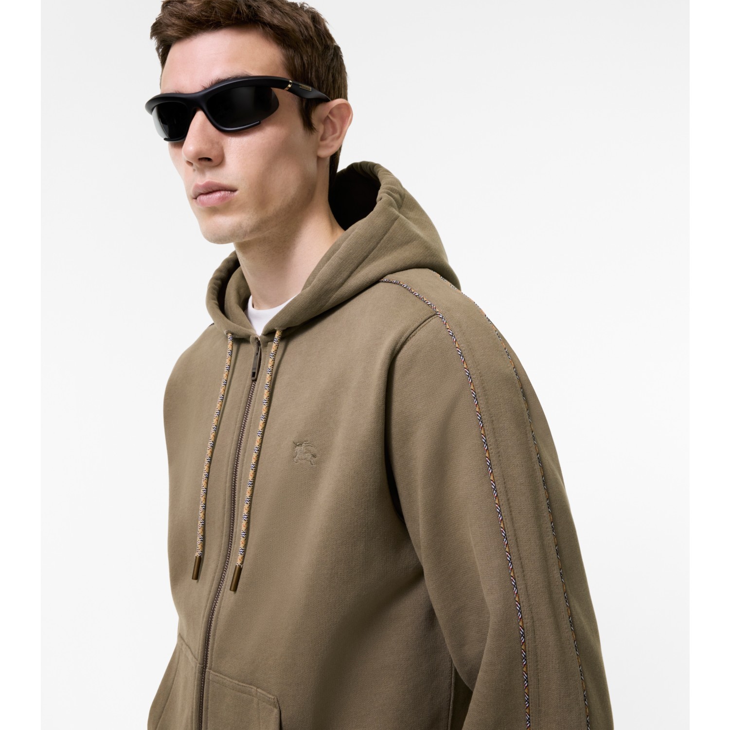Check Piping Cotton Zip Hoodie in Finch brown - Men | Burberry® Official