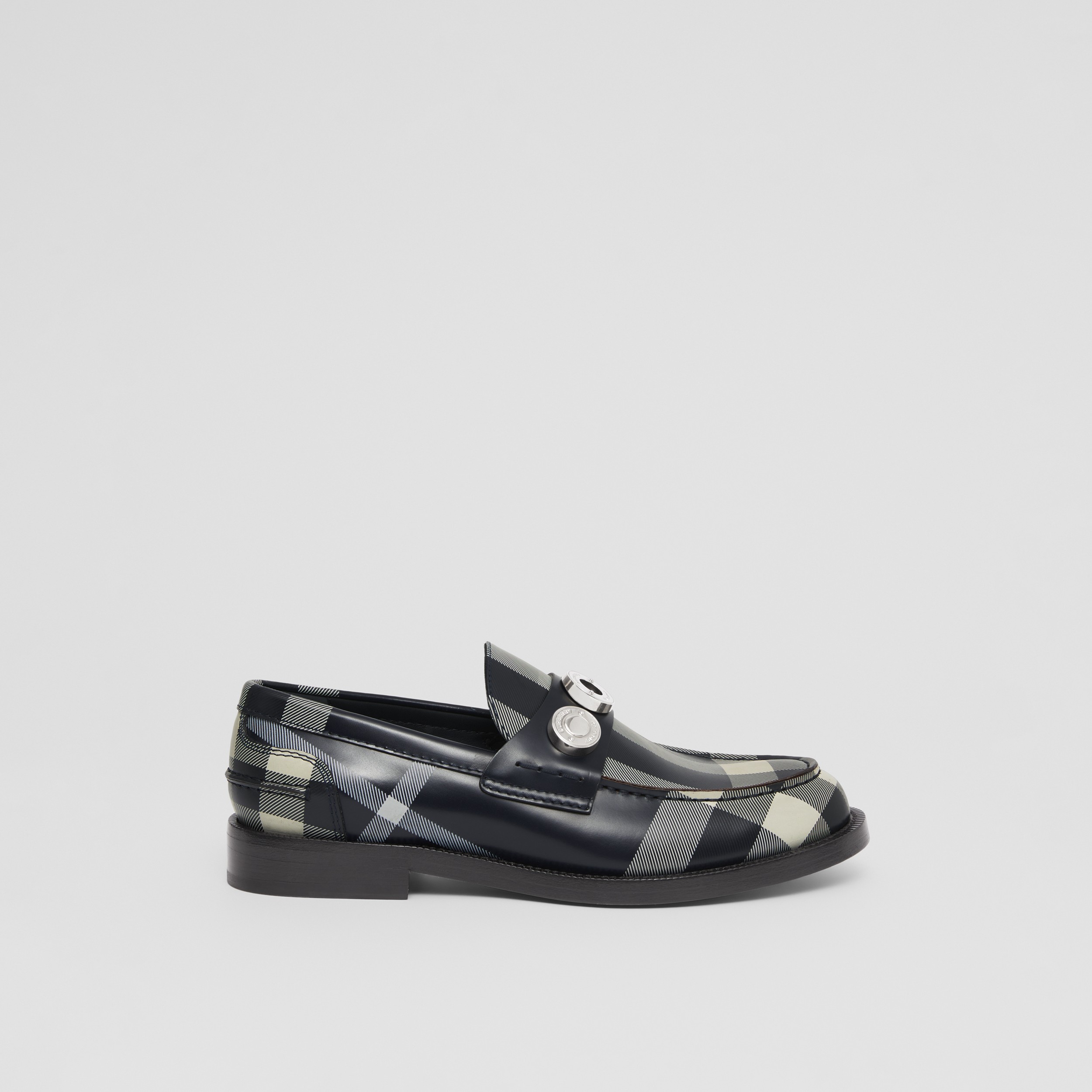 Logo Detail Check Leather Loafers – Exclusive Capsule Collection in Dark Charcoal Blue - Women | Burberry® Official - 1