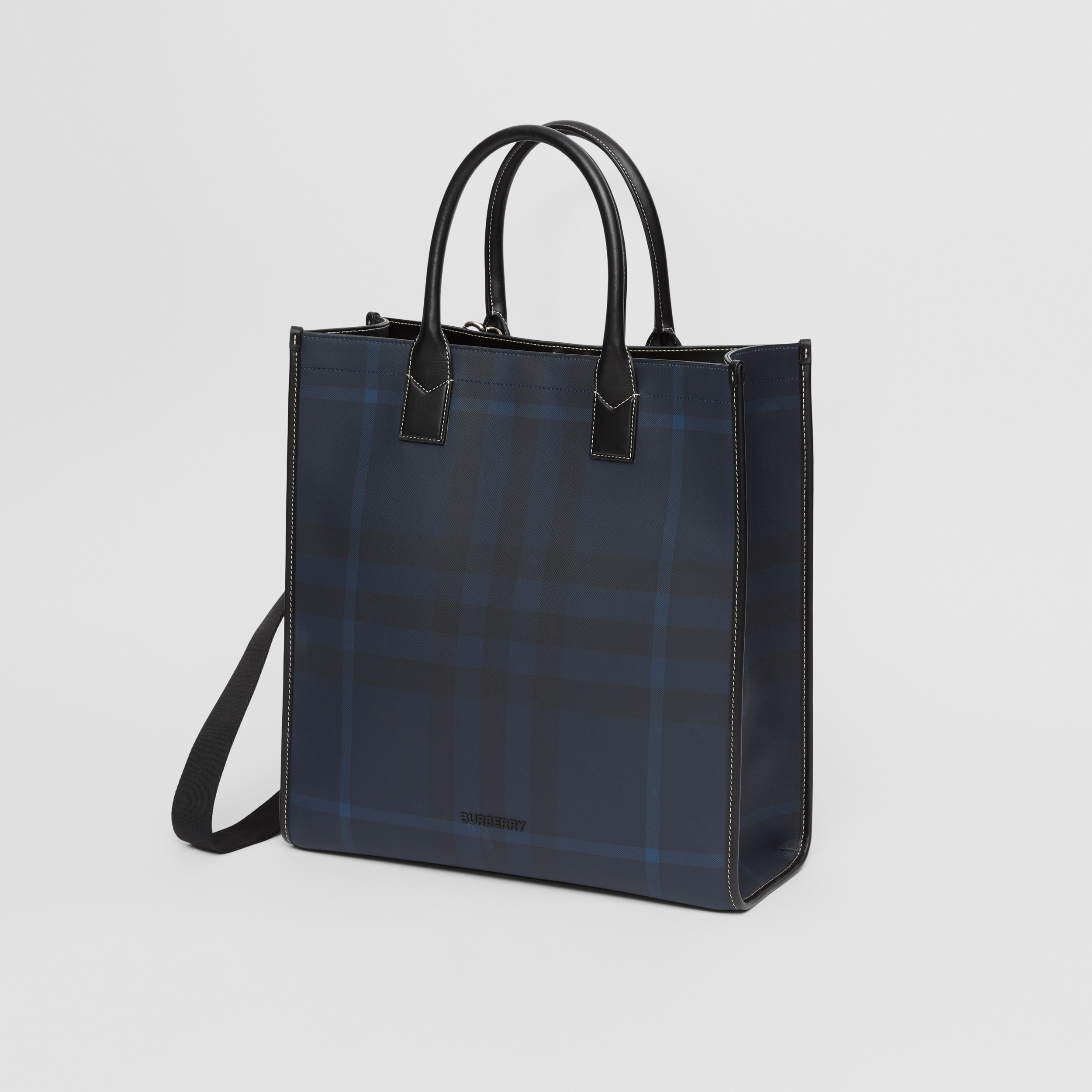 Exaggerated Check and Leather Tote in Navy Blue - Men | Burberry® Official - 4