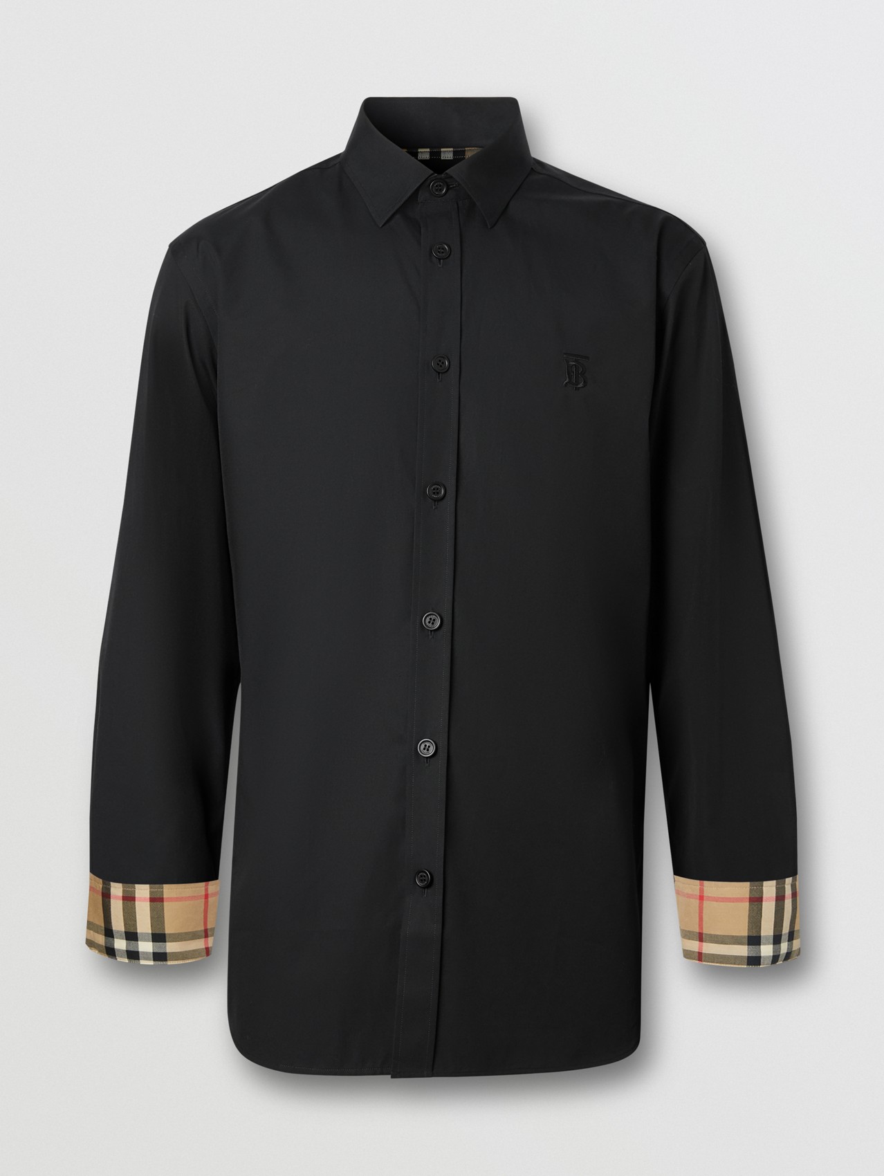 Camisa entallada en popelina de algodón elástico con detalle de monograma (Negro)