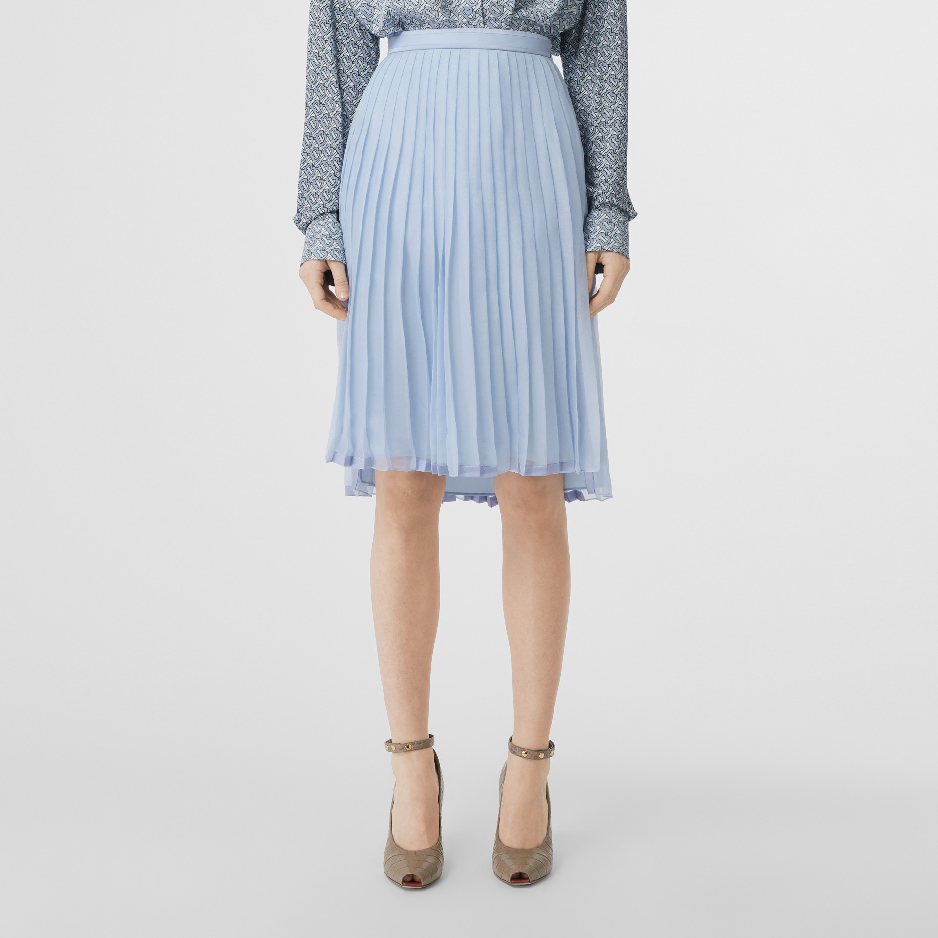 Contrast Trim Pleated Skirt in Pale Blue - Women | Burberry United States