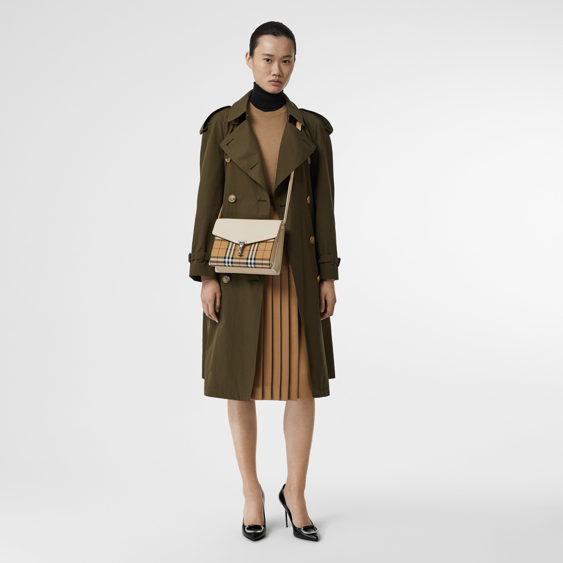 Small Vintage Check and Leather Crossbody Bag in Limestone Women