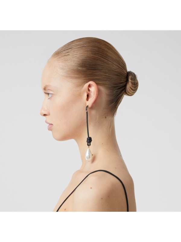 Faux Pearl Detail Leather Drop Earrings in Light Gold/black Women Burberry United States