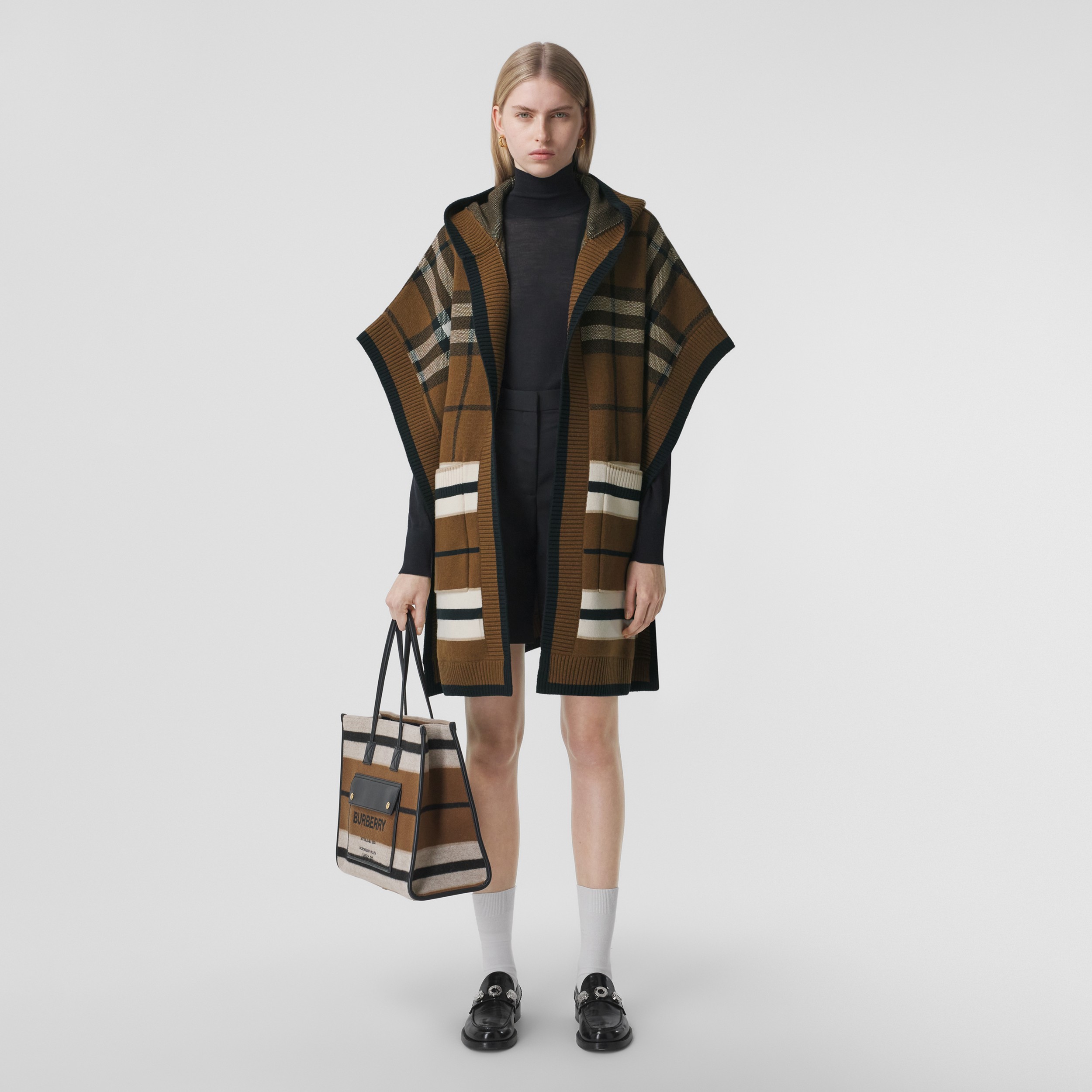 Check Wool Cashmere Blend Hooded Cape in Warm Walnut - Women | Burberry® Official - 1