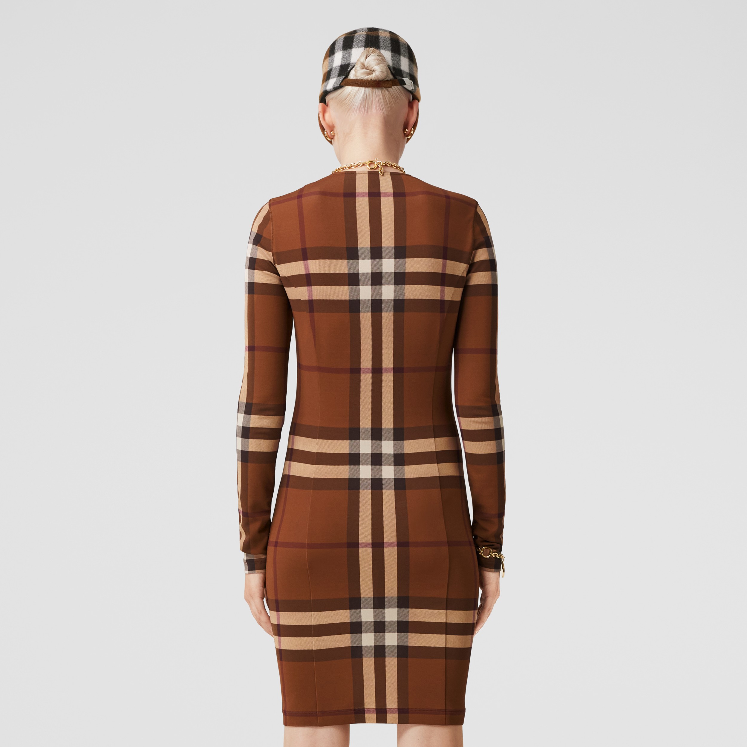 Exaggerated Check Stretch Jersey Dress in Dark Birch Brown - Women | Burberry® Official - 3