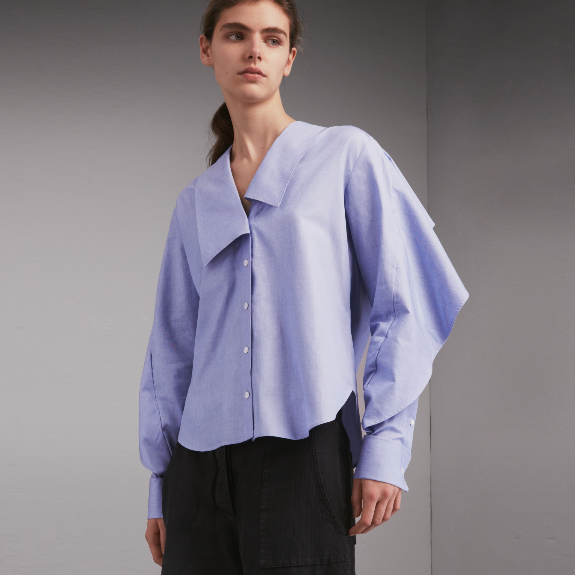 Ruffle Detail Cotton Shirt in Mid Indigo - Women | Burberry United States