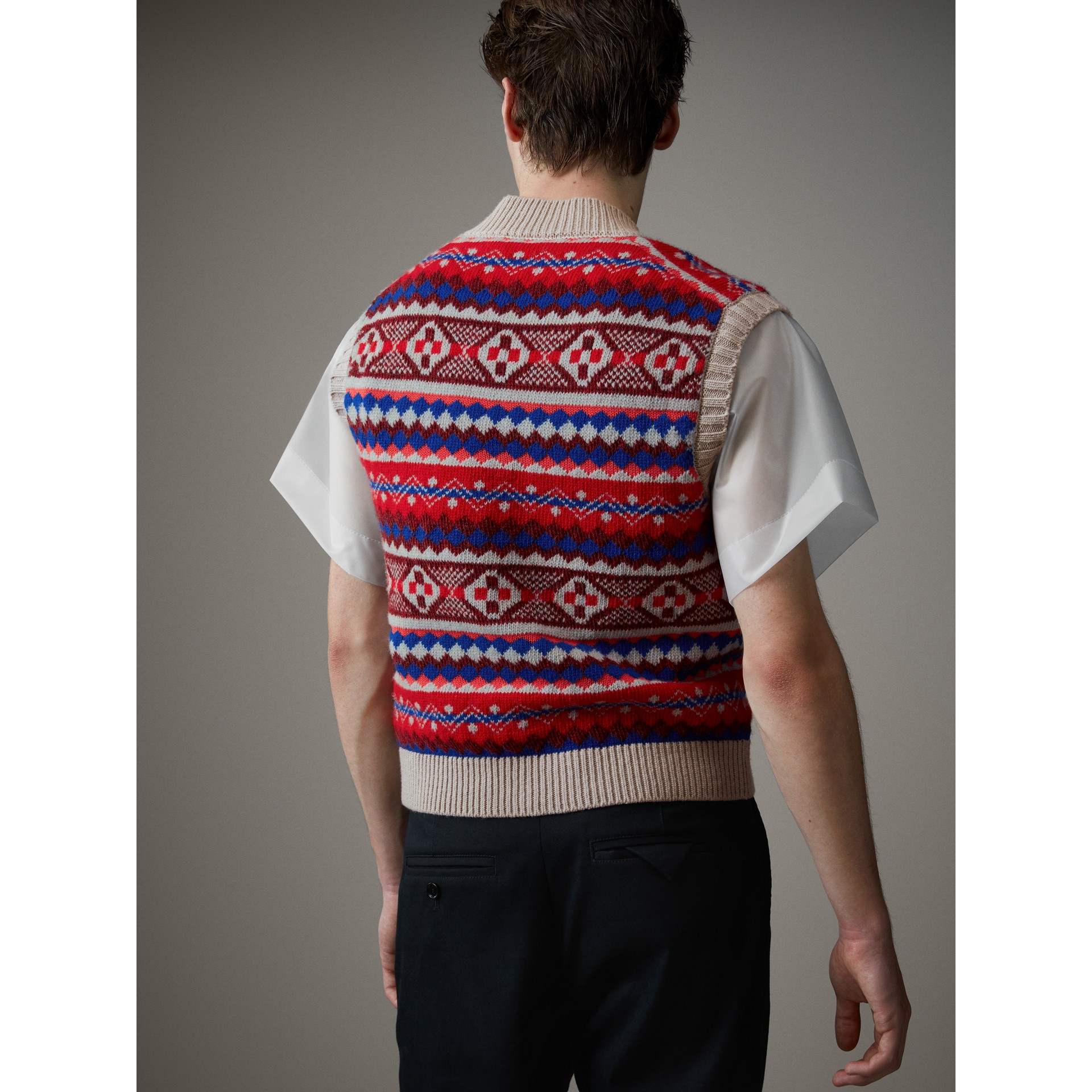Fairisle Tank Top s vintage inspired V neck sleeveless tank top in a grey, blue and yellow Fair Isle pattern. Authentic style with deep bottom welt, same front and back Useful sleeveless forties look vest ideal for forties events and Nostalgia weekends.