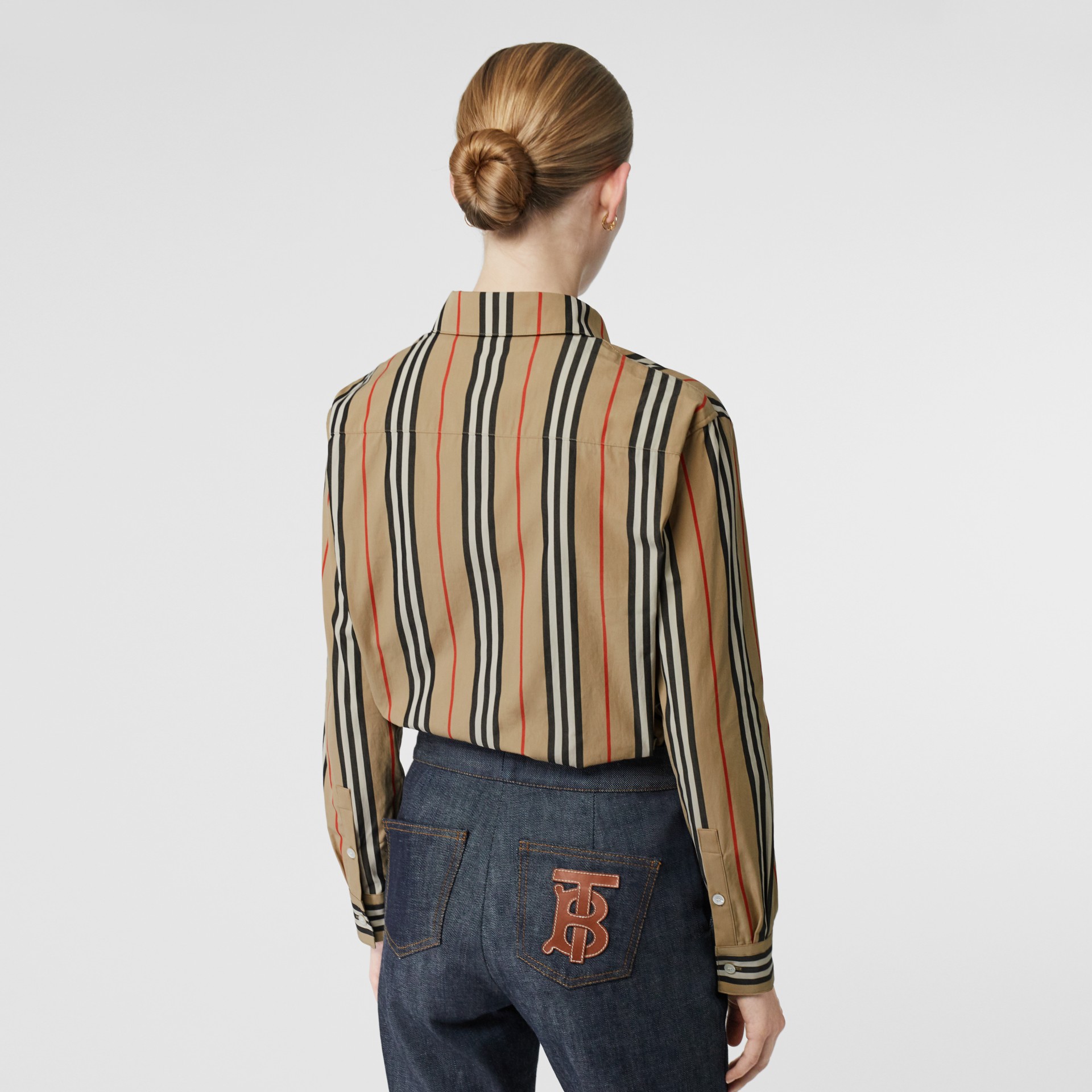 Buttondown Collar Icon Stripe Cotton Shirt in Archive Beige Women