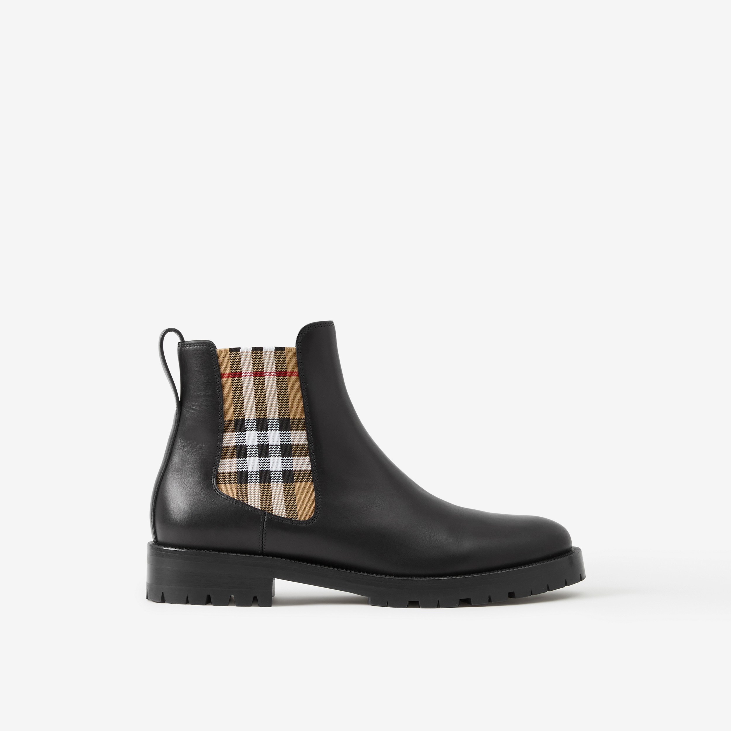 Vintage Check Detail Leather Chelsea Boots in Black | Burberry® Official