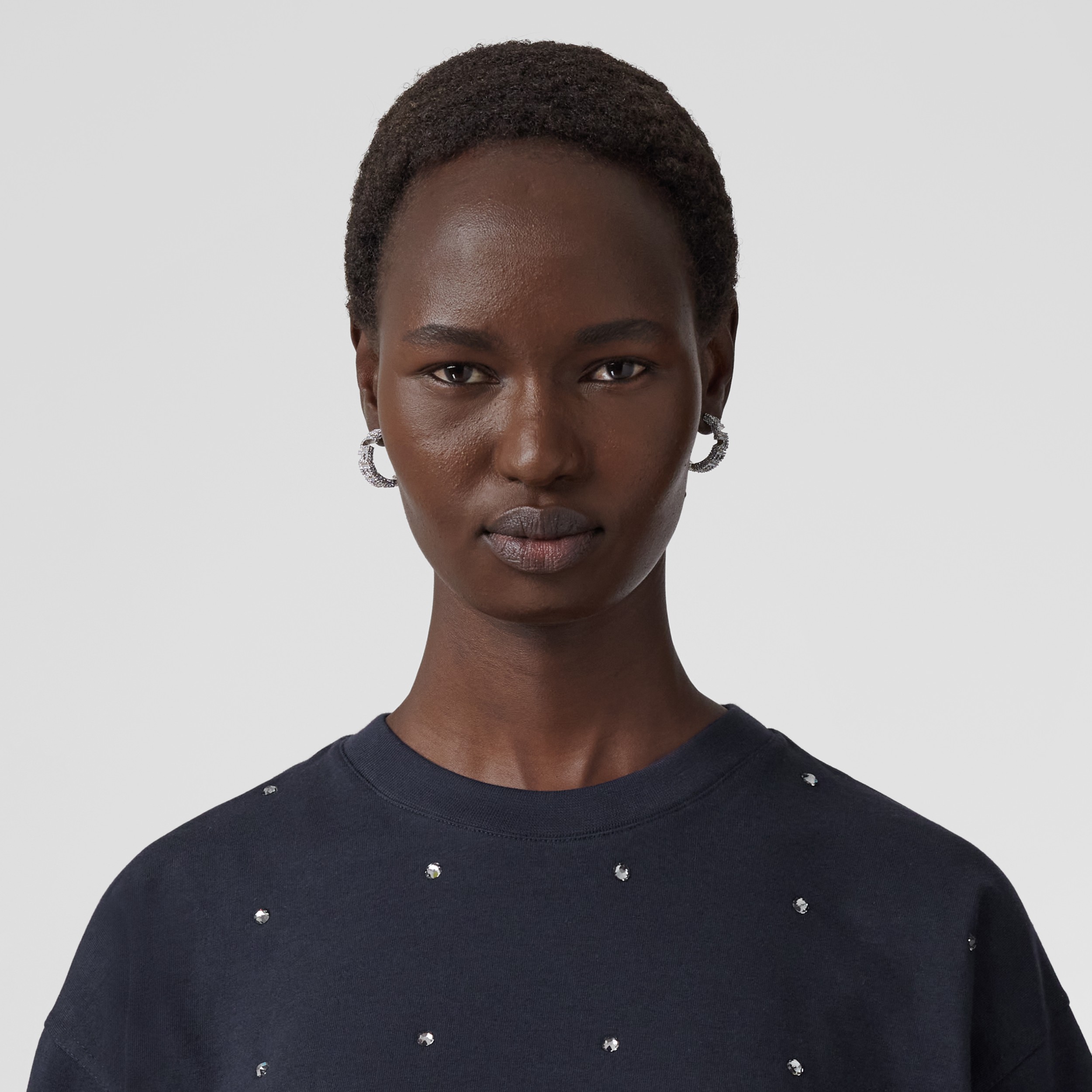 Crystal Detail Cotton Cashmere Oversized Tshirt Exclusive Capsule Collection in Dark Charcoal