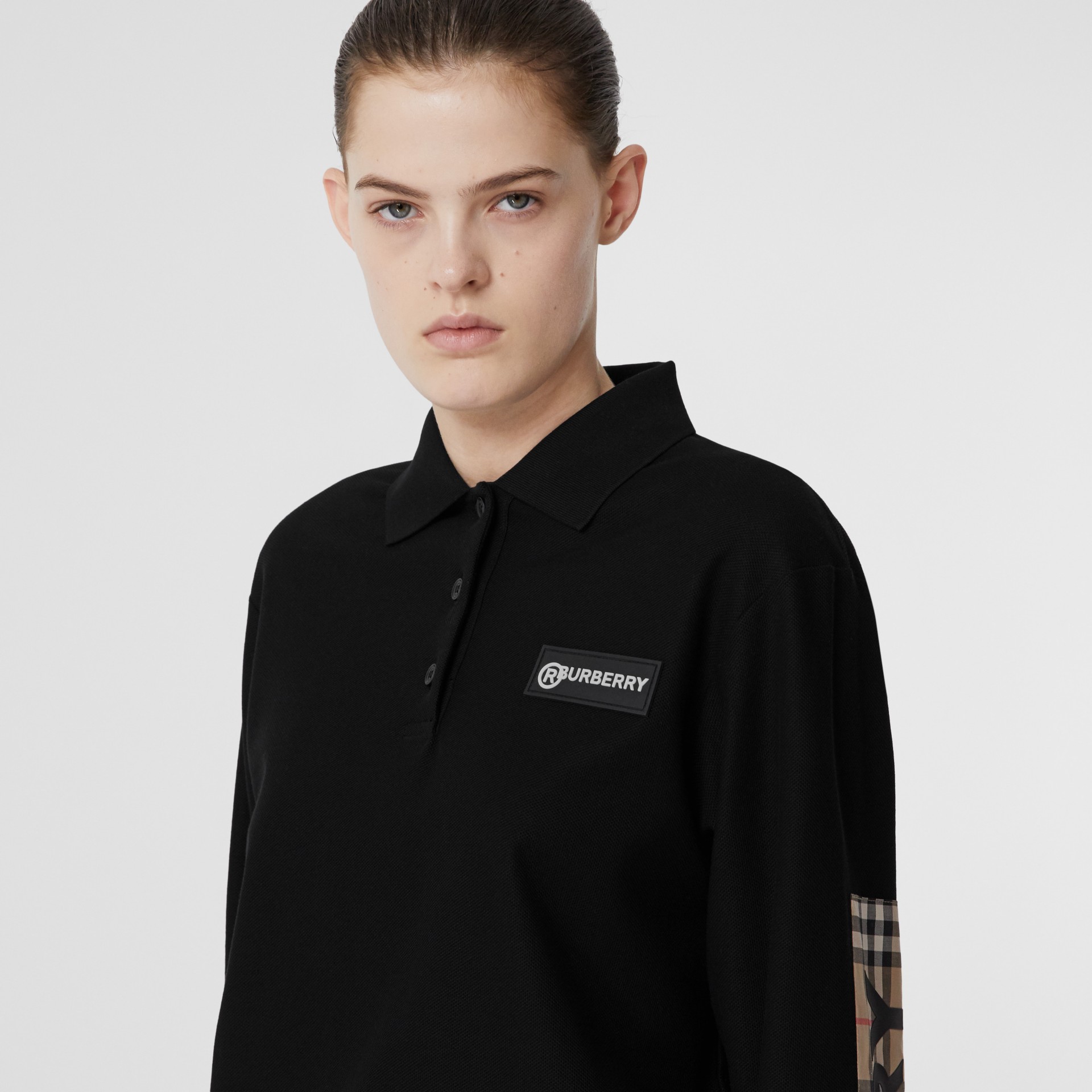 Longsleeve Vintage Check Panel Oversized Polo Shirt in Black Women