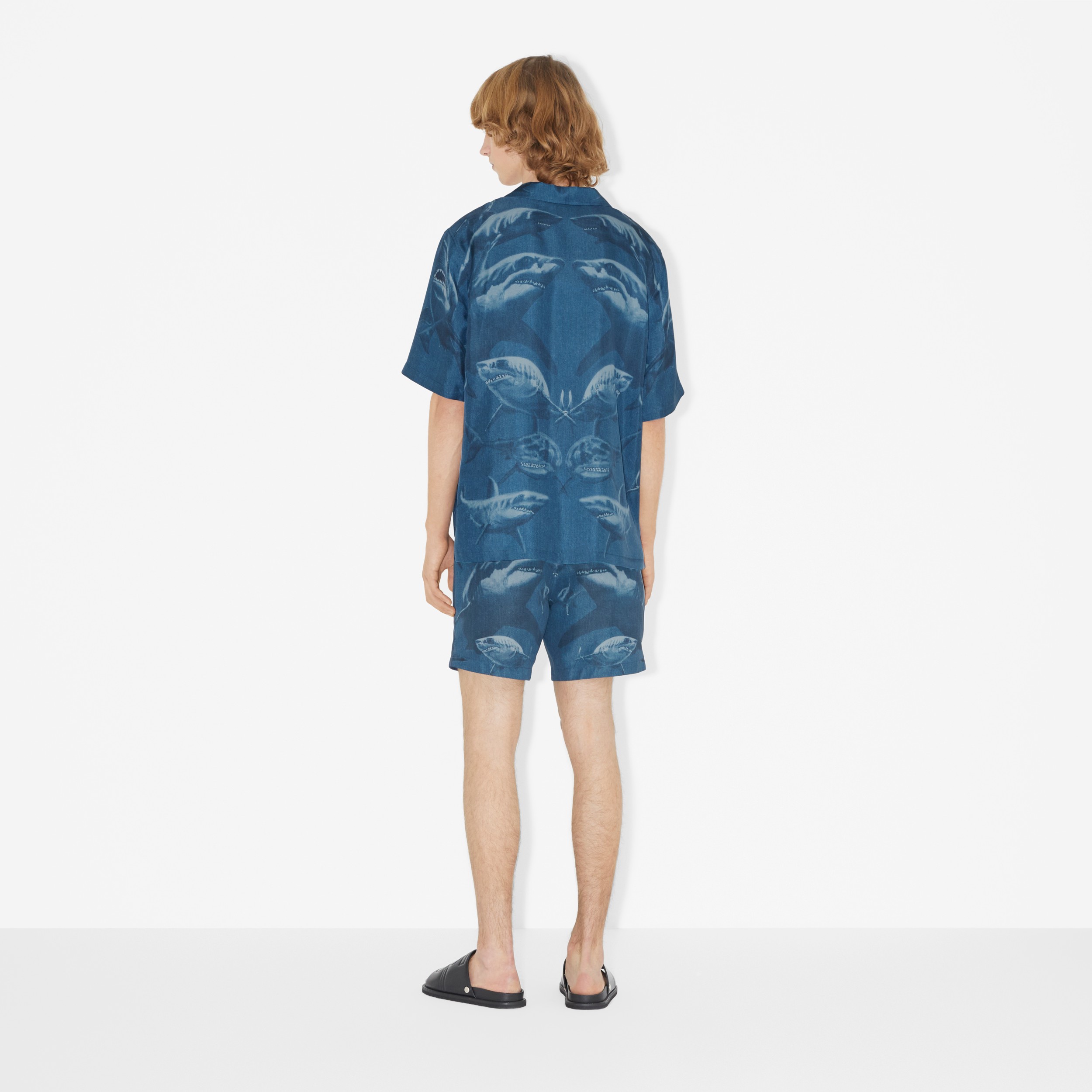 Shark Print Silk Pyjama Shirt in Rich Navy - Men | Burberry® Official - 4
