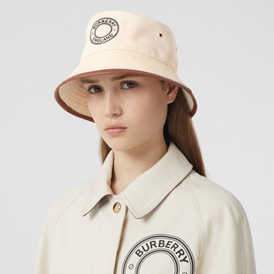 Leather Trim Logo Graphic Cotton Bucket Hat in Beige | Burberry® Official