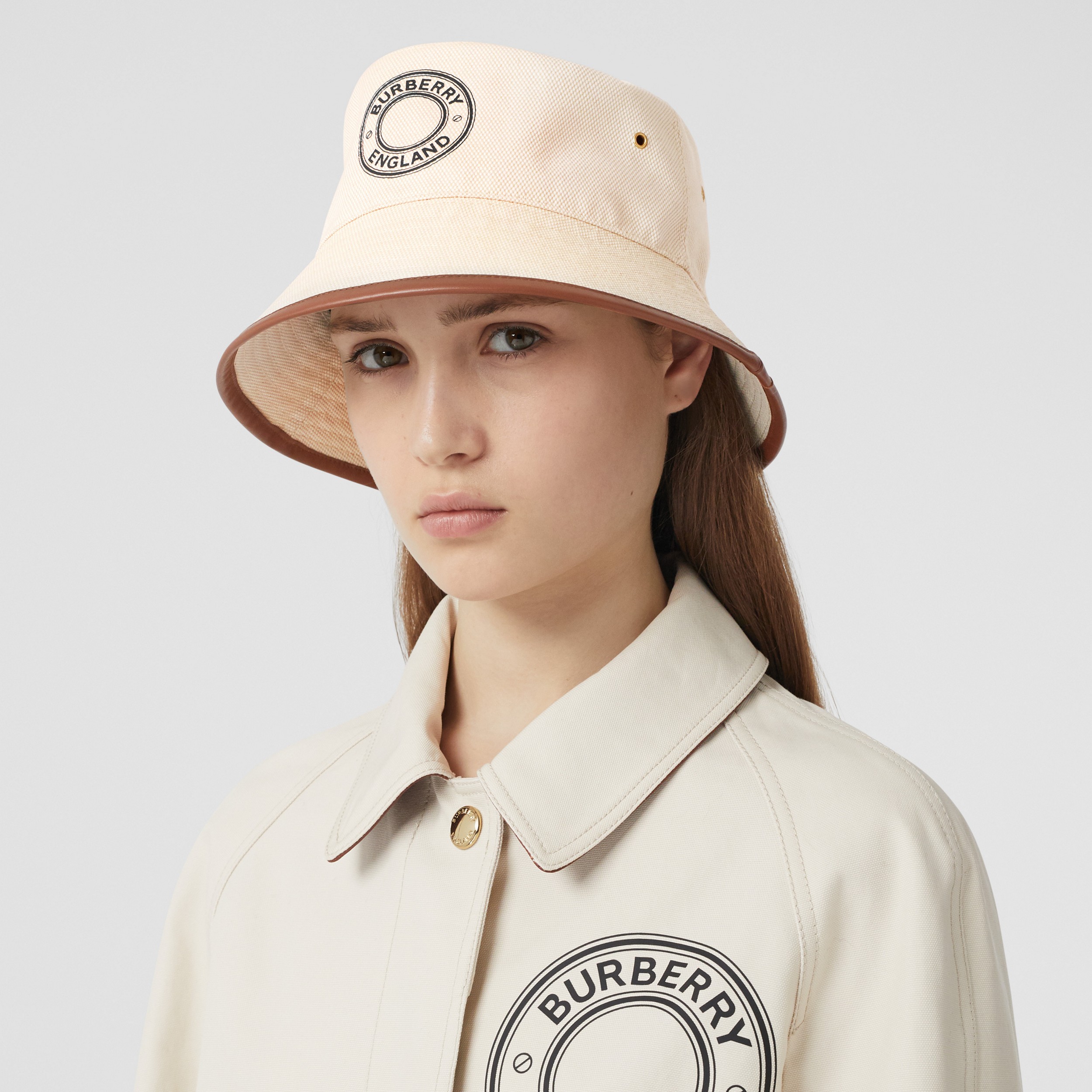 Leather Trim Logo Graphic Cotton Bucket Hat in Beige | Burberry® Official - 3
