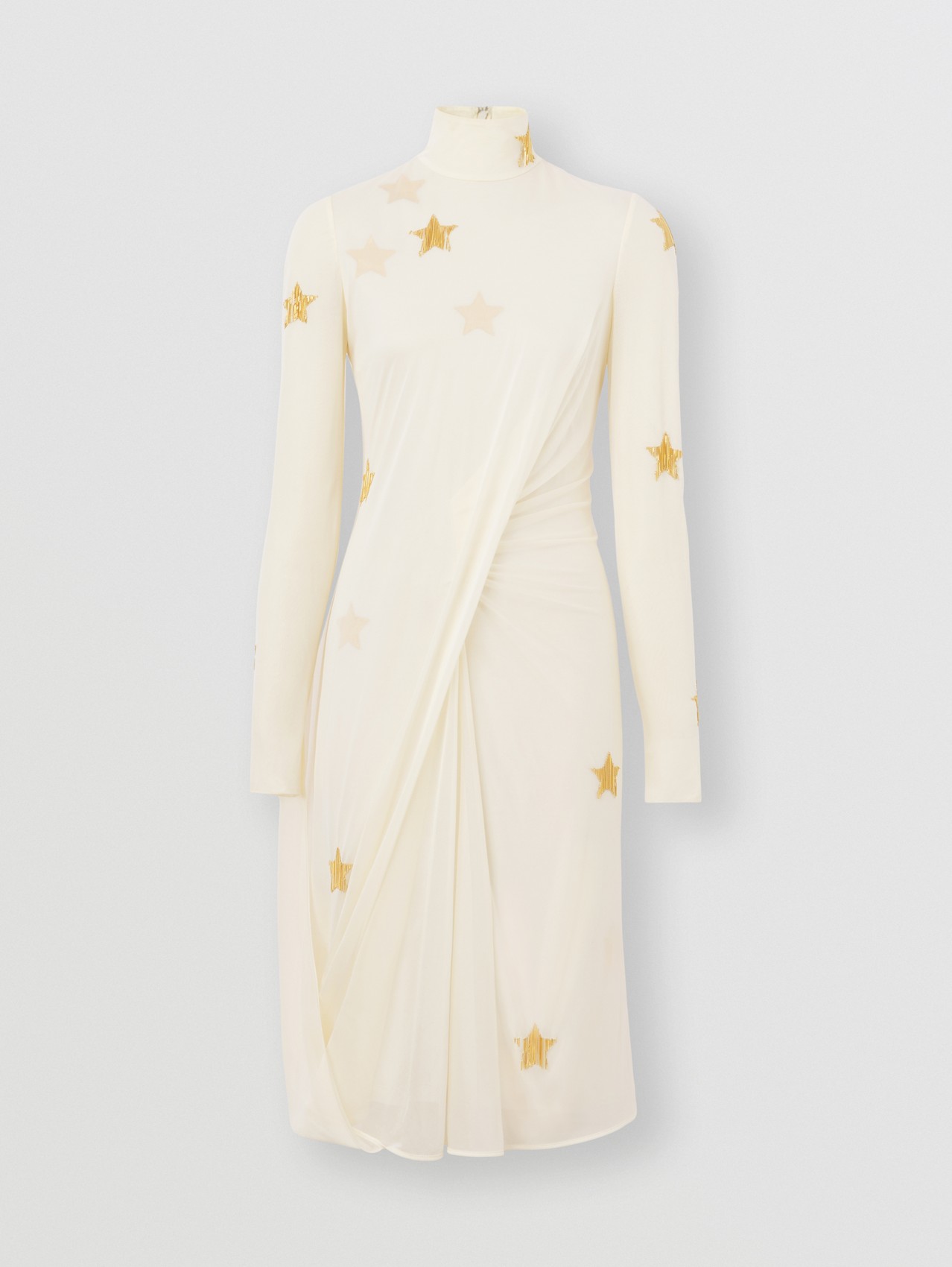 Long-sleeve Star Motif Gathered Silk Viscose Dress in Ivory Blush