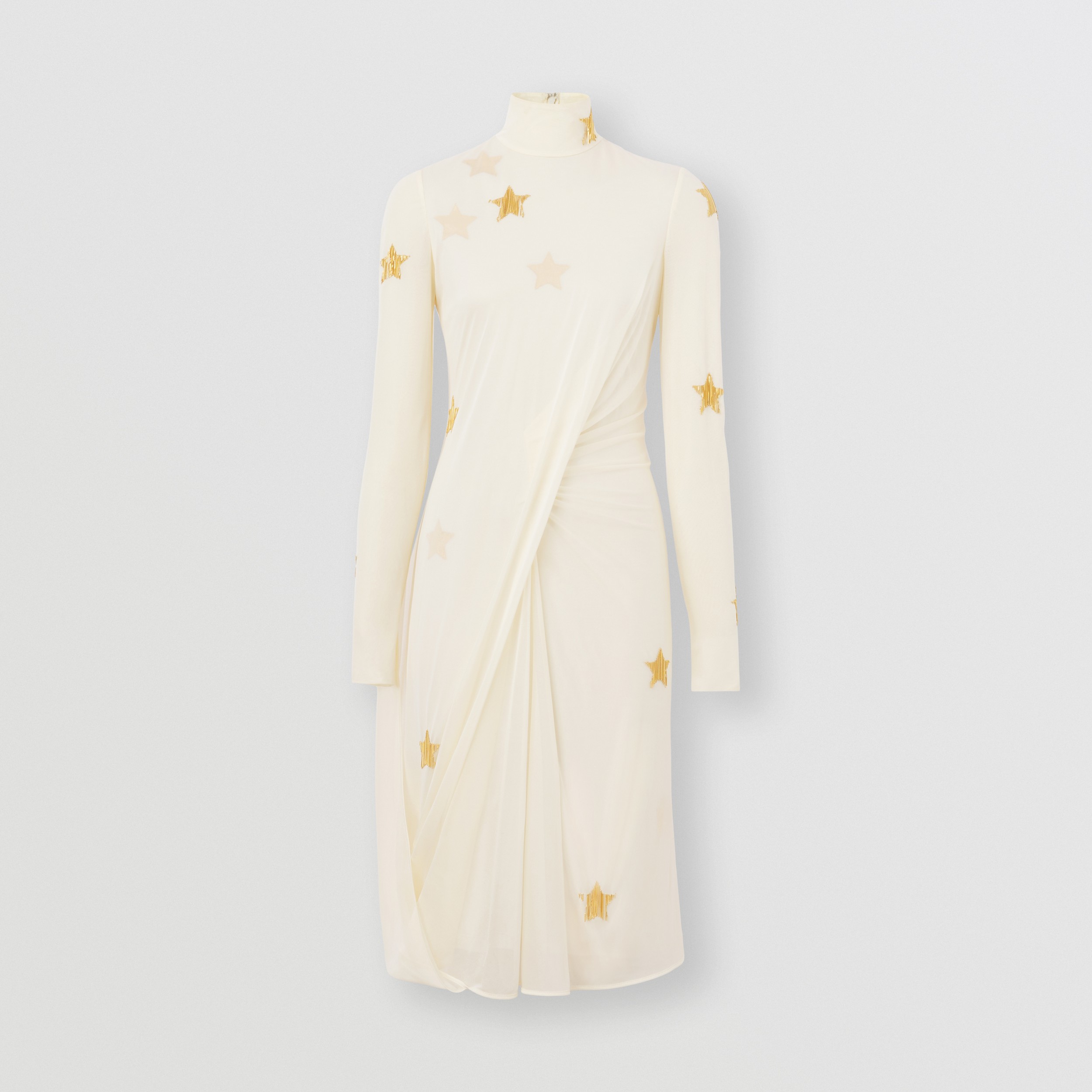 Long-sleeve Star Motif Gathered Silk Viscose Dress in Ivory Blush - Women | Burberry® Official - 4