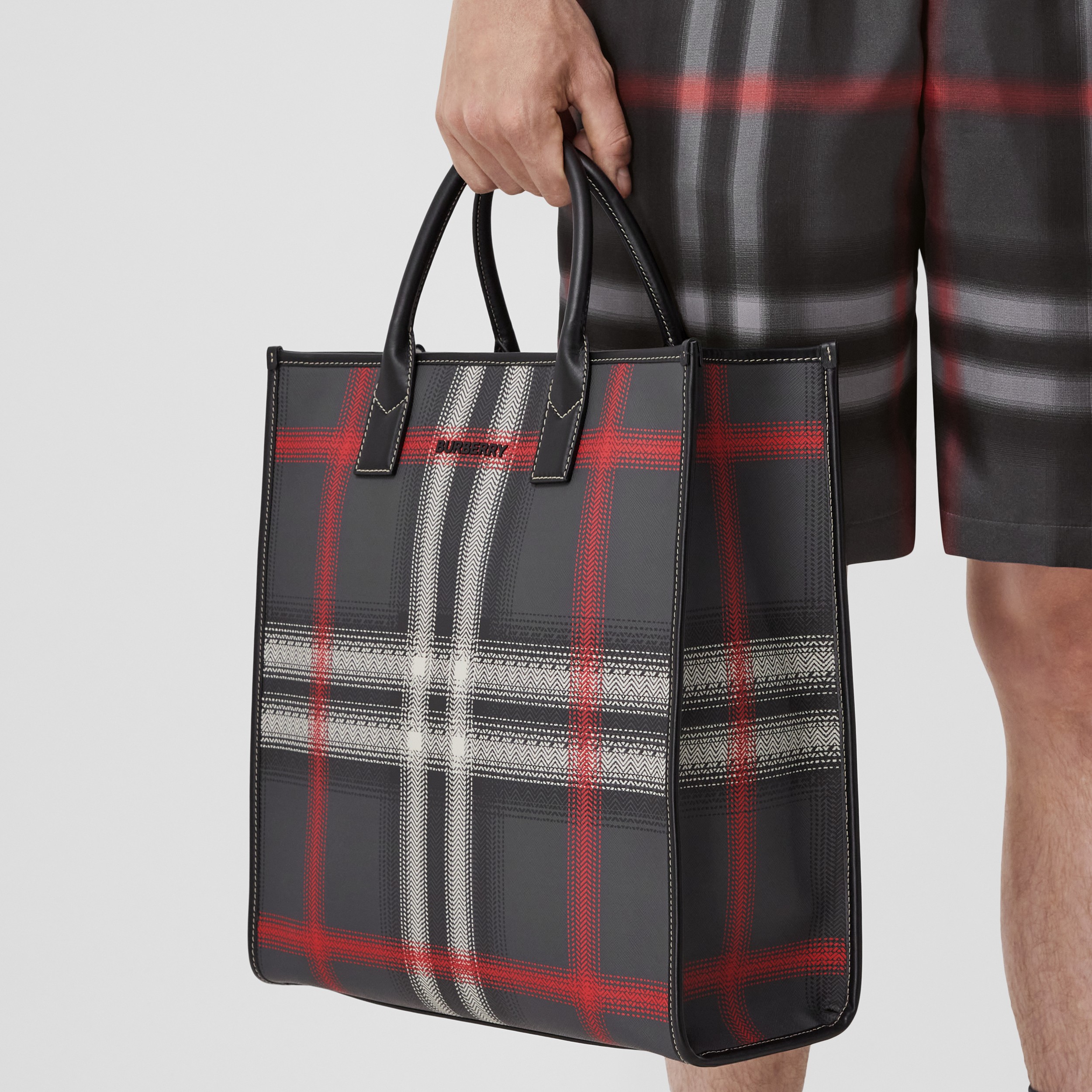 Blurred Check and Leather Tote in Charcoal Grey - Men | Burberry® Official - 3