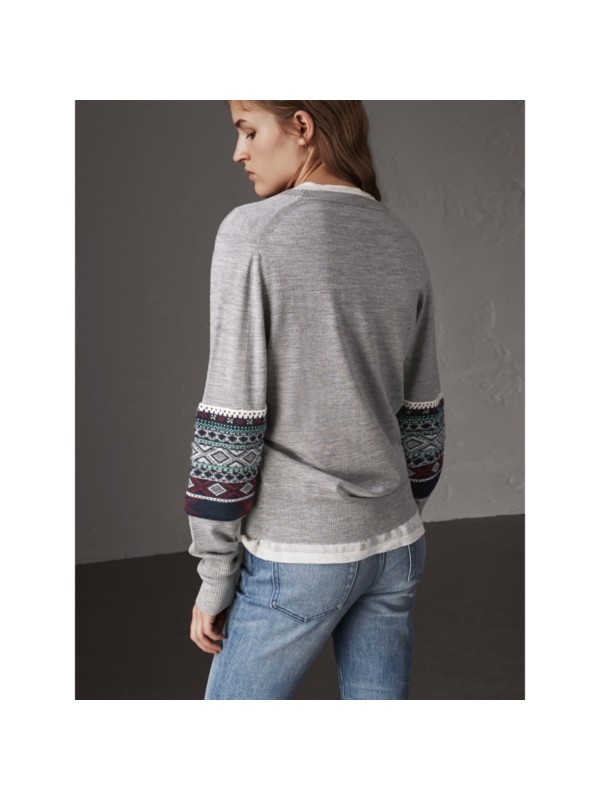 Fair Isle Detail Merino Wool Sweater In Mid Grey Melange Women Burberry United States 7008