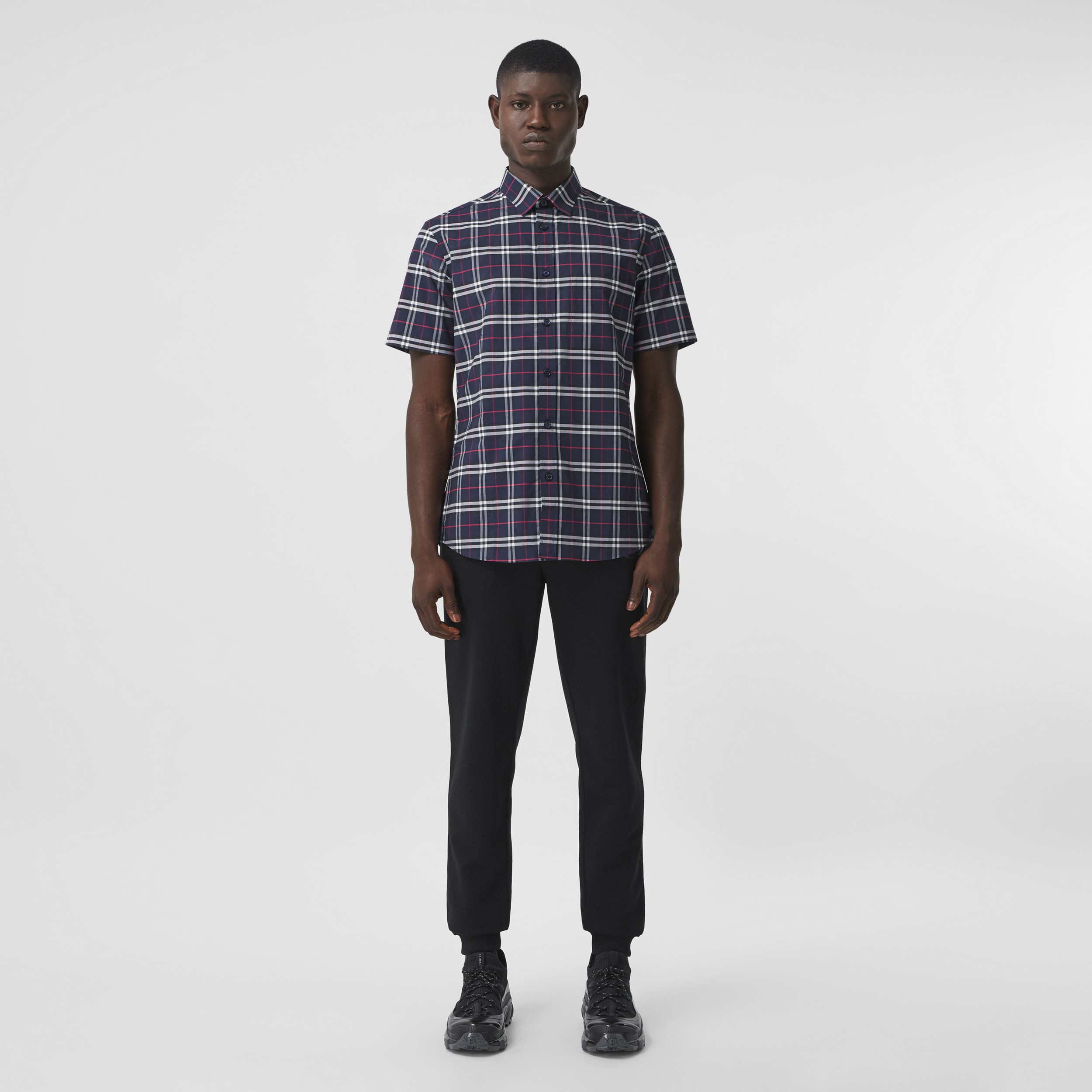 Short-sleeve Check Stretch Cotton Shirt in Navy - Men | Burberry® Official - 4