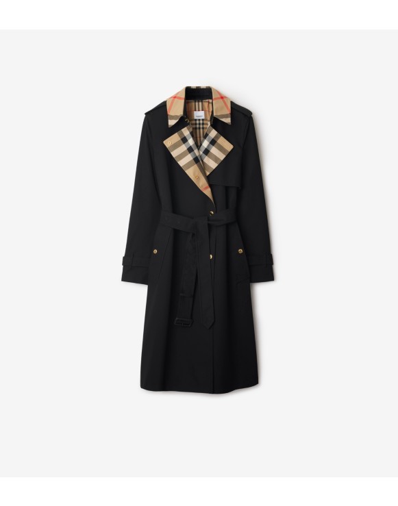 Long Check Collar Gabardine Trench Coat