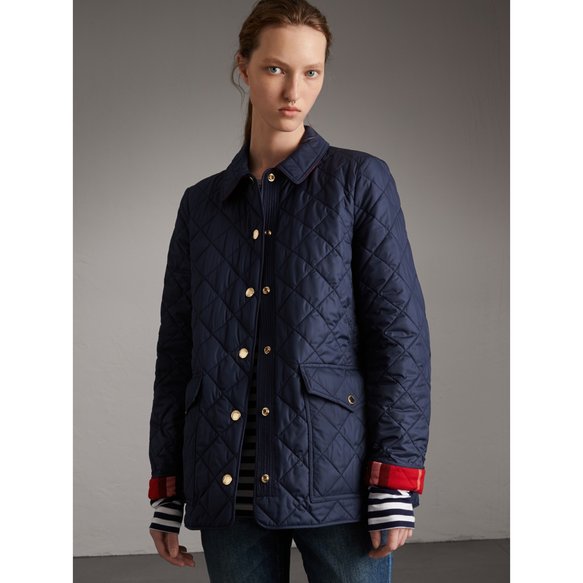 Check Detail Diamond Quilted Jacket in Navy - Women | Burberry United ...