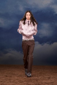 Burberry SS26 Show model Lux Gillespie wearing a Silk bomber jacket and Leather trousers