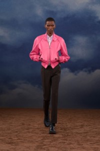 Burberry SS26 Show model Samuel Elie wearing a pink Leather bomber jacket and Embroidered wool silk tailored trousers