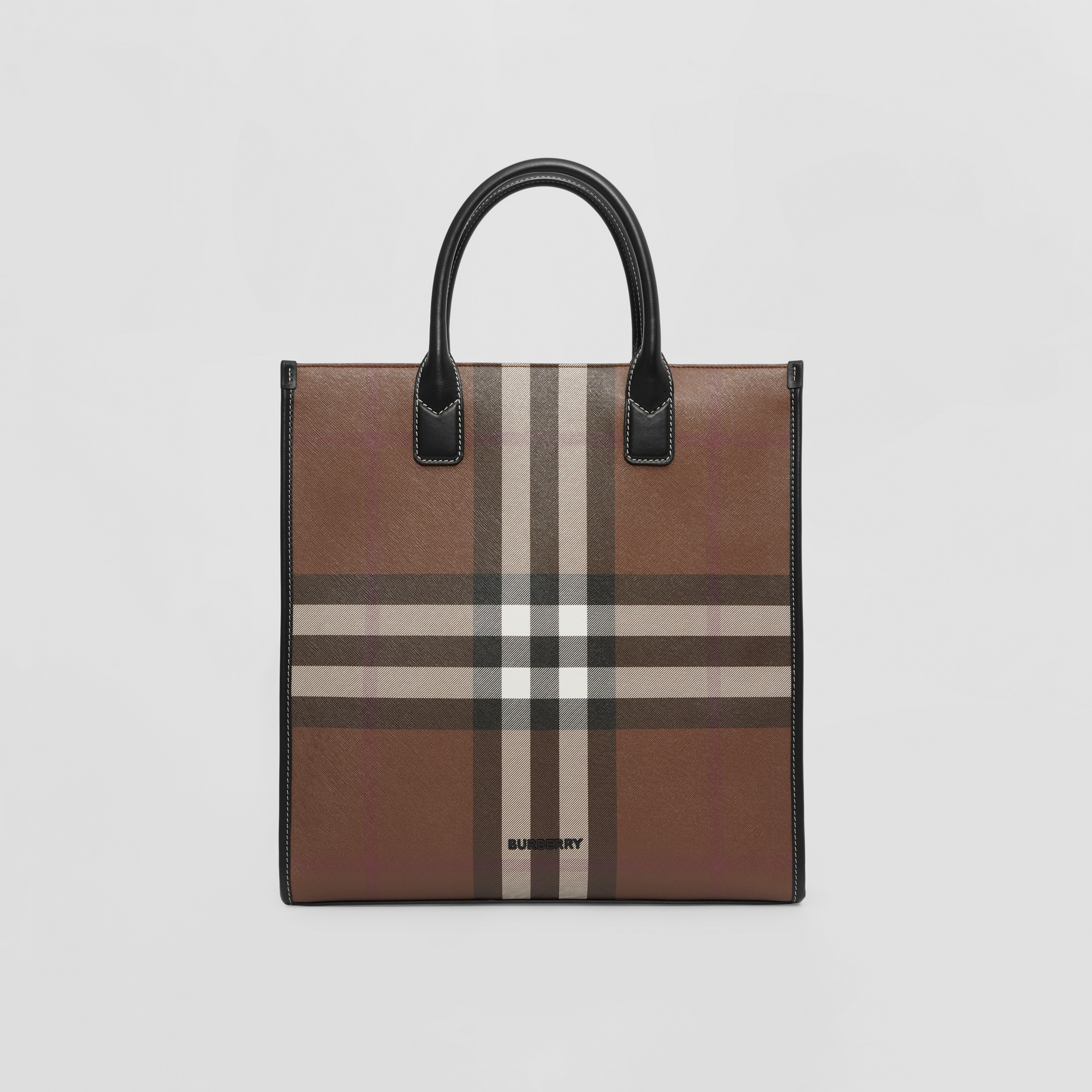 Exaggerated Check and Leather Slim Tote in Dark Birch Brown - Men | Burberry® Official - 1