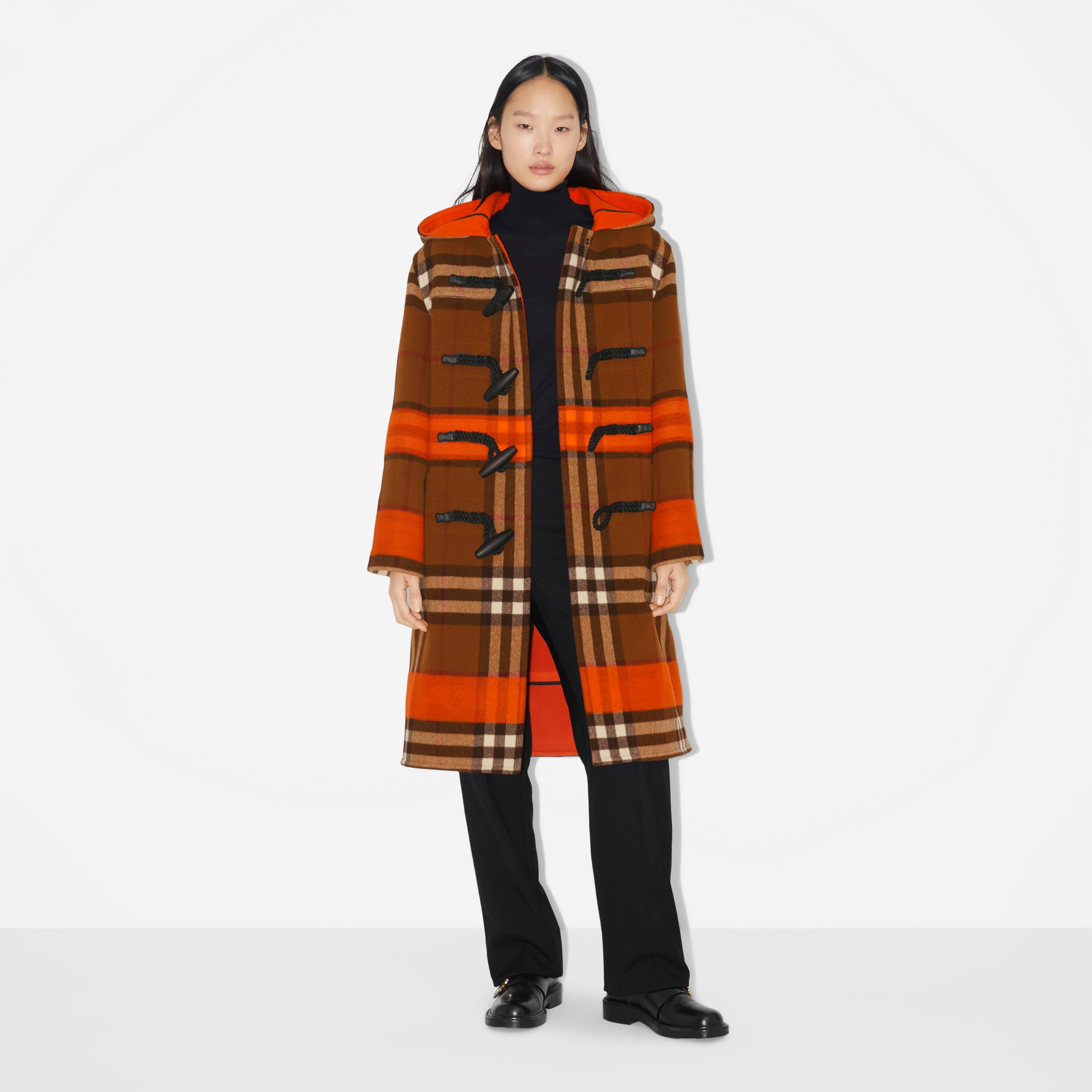 Check Wool Hooded Duffle Coat in Bright Orange/dark Birch Brown - Women | Burberry® Official - 2