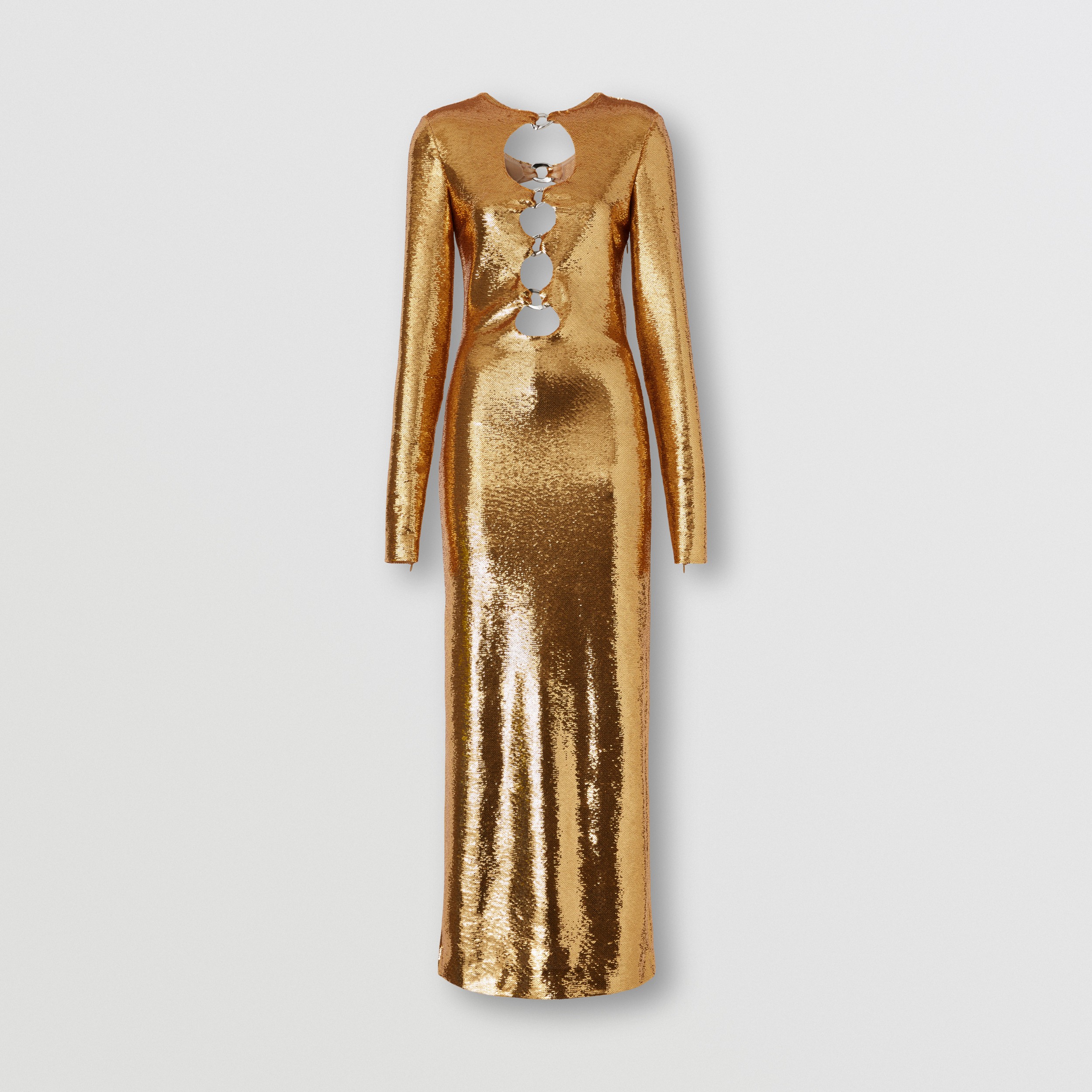 Vestido de seda com lantejoulas, detalhe vazado e corrente (Dourado) - Mulheres | Burberry® oficial - 4